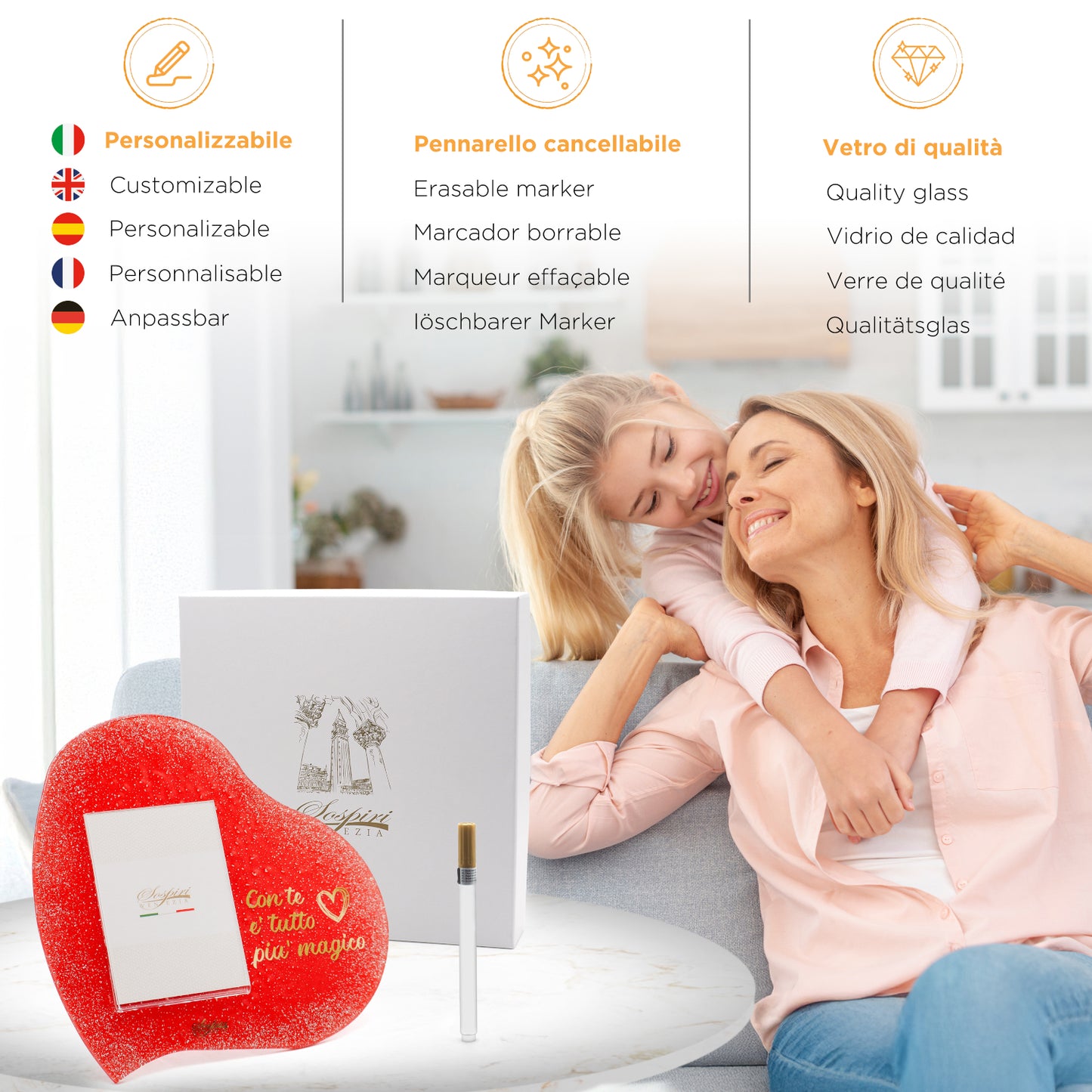 Portafoto Personalizzabile in Vetro di Murano, Idea Regalo originale ROSSO