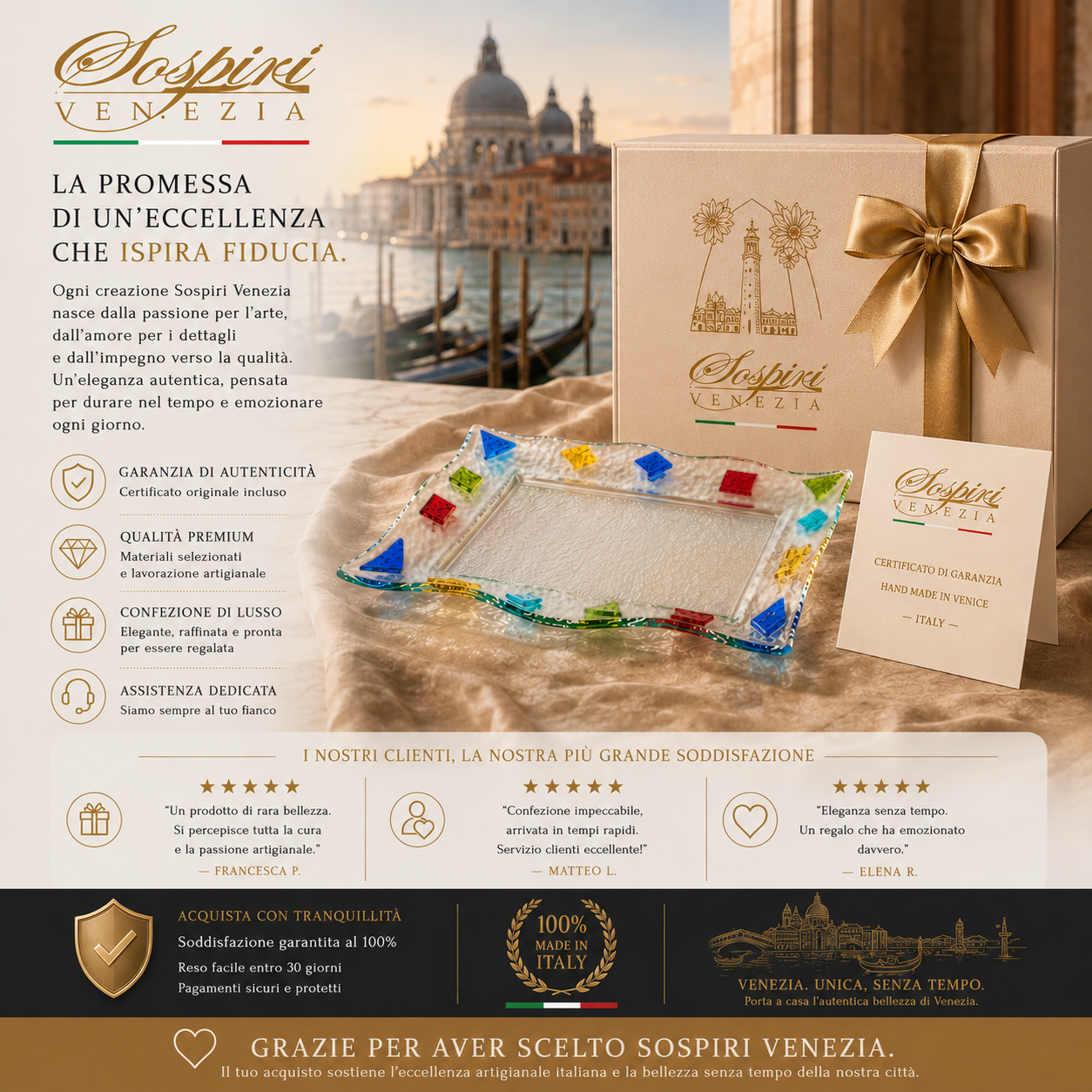 Vassoio Decorativo Centrotavola Moderno Design Veneziano, Idea Regalo 30x20x3 cm
