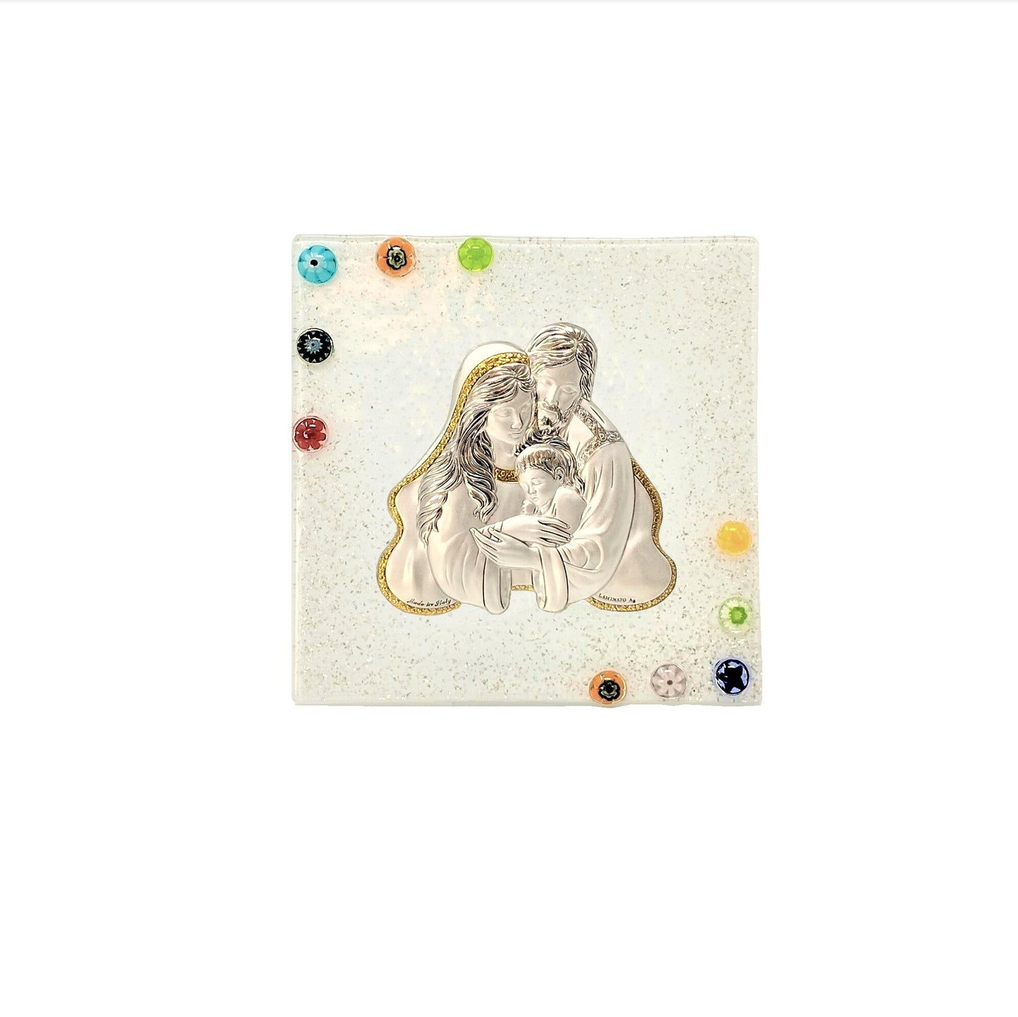 Bomboniera cerimonia Battesimo Nascita icona argento Sacra Famiglia in Vetro Murano Idea Regalo