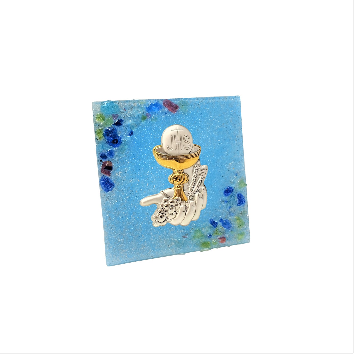 Bomboniera-Prima-Comunione-Cerimonia-Vetro-Murano-graniglia-azzurro-idea-regalo-icona-argento-calice-decoro-murano-Sospiri-Venezia-main