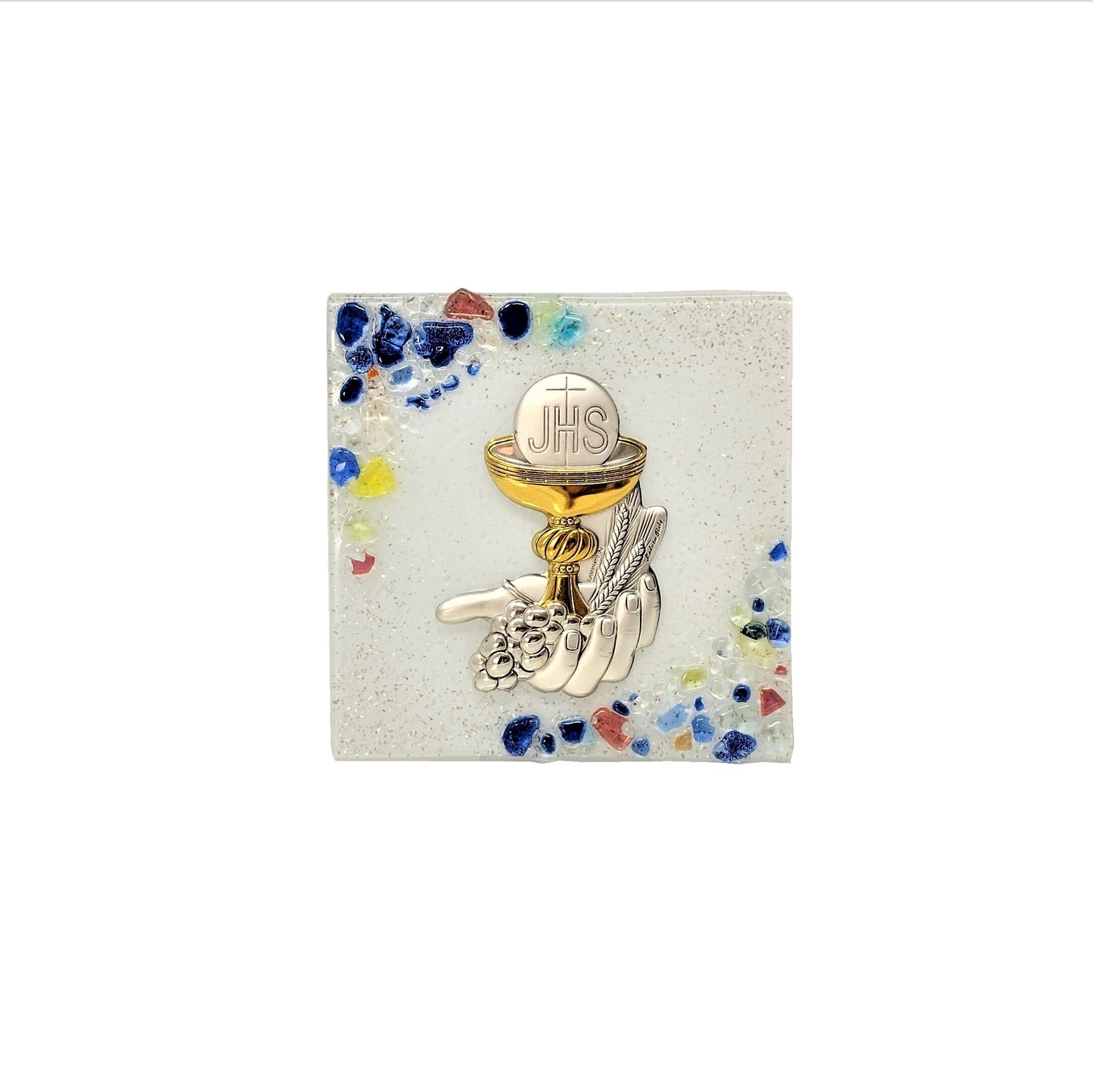Bomboniera-Prima-Comunione-Cerimonia-Vetro-Murano-graniglia-bianco-idea-regalo-icona-argento-calice-decoro-murano-Sospiri-Venezia-front