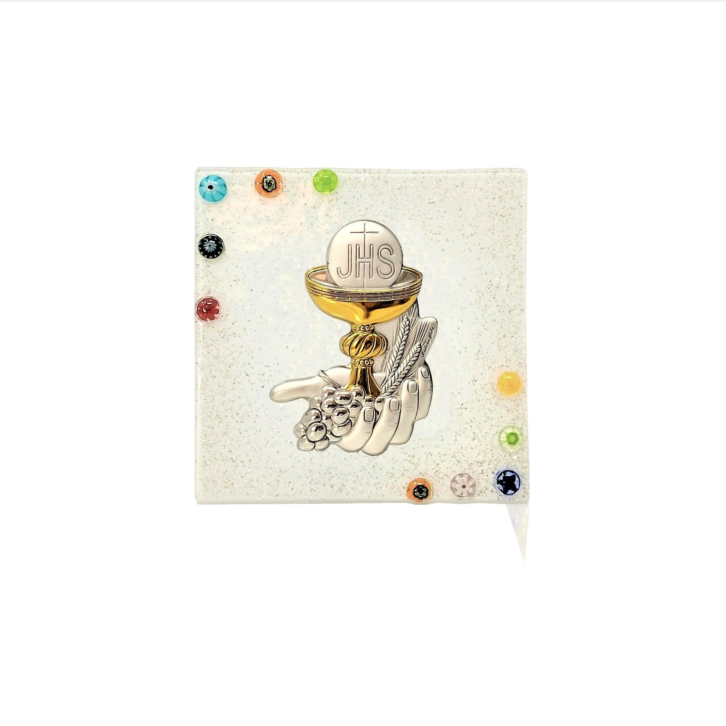 Bomboniera-Prima-Comunione-Cerimonia-Vetro-Murano-murrine-bianco-idea-regalo-icona-argento-calice-decoro-murano-Sospiri-Venezia-main1