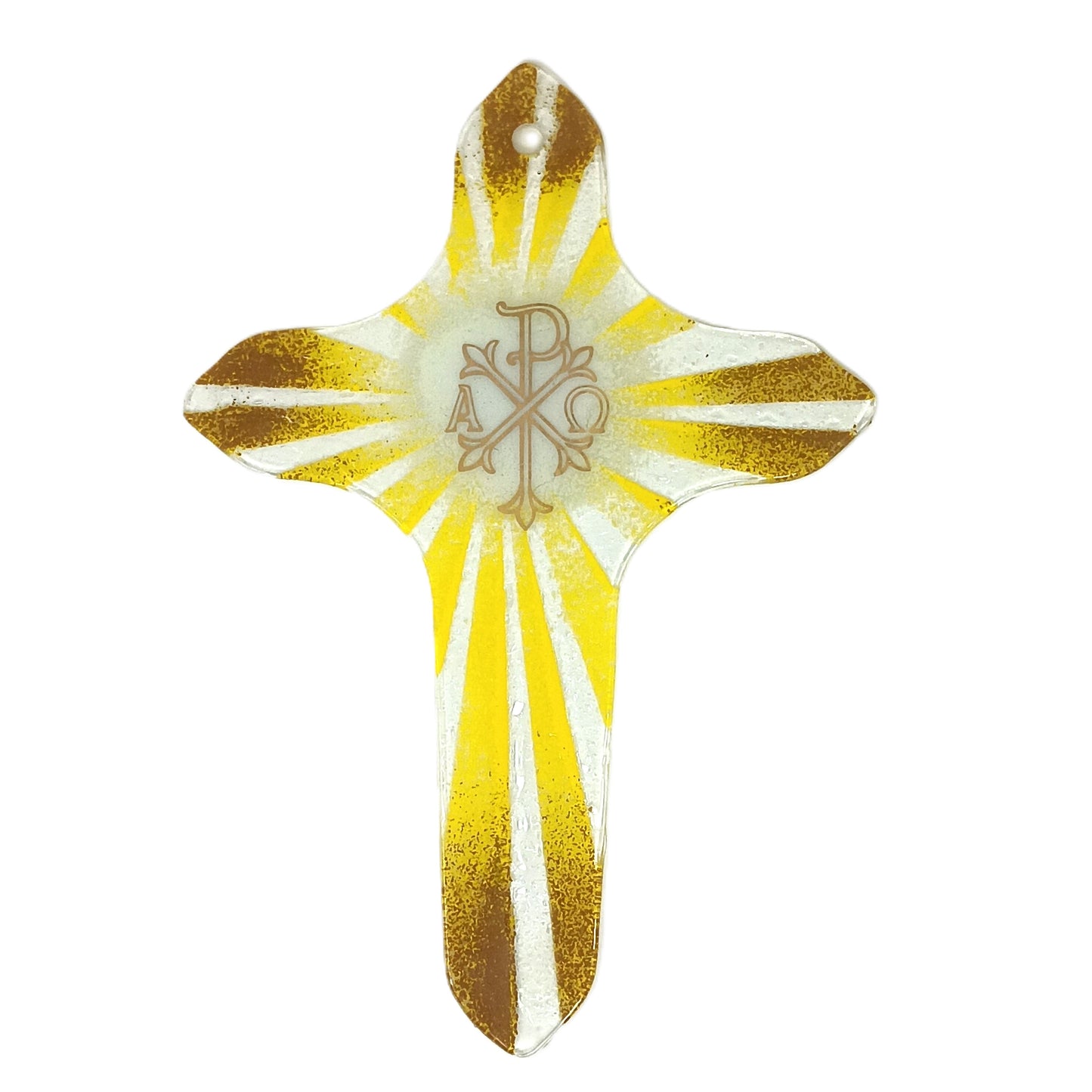 Crocifisso in Vetro Artistico di Murano con Simbolo Pax Alpha e Omega, Croce Religiosa da Parete, Stile Pax Giallo