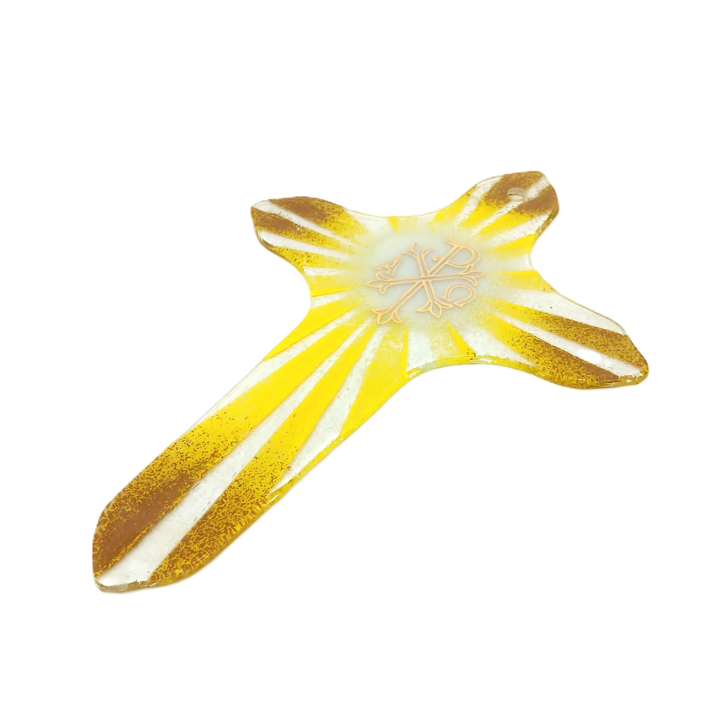 Crocifisso in Vetro Artistico di Murano con Simbolo Pax Alpha e Omega, Croce Religiosa da Parete, Stile Pax Giallo