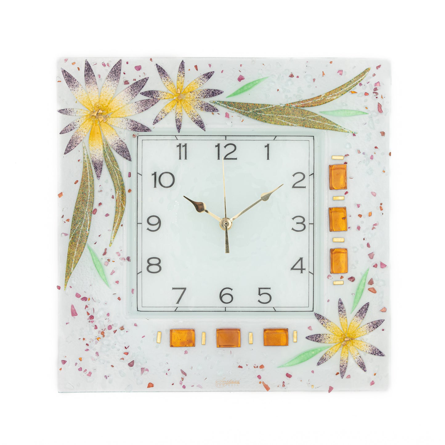 Orologio da parete in vetro di Murano, idea regalo bomboniera, decoro oro FLOREALE cm. 35