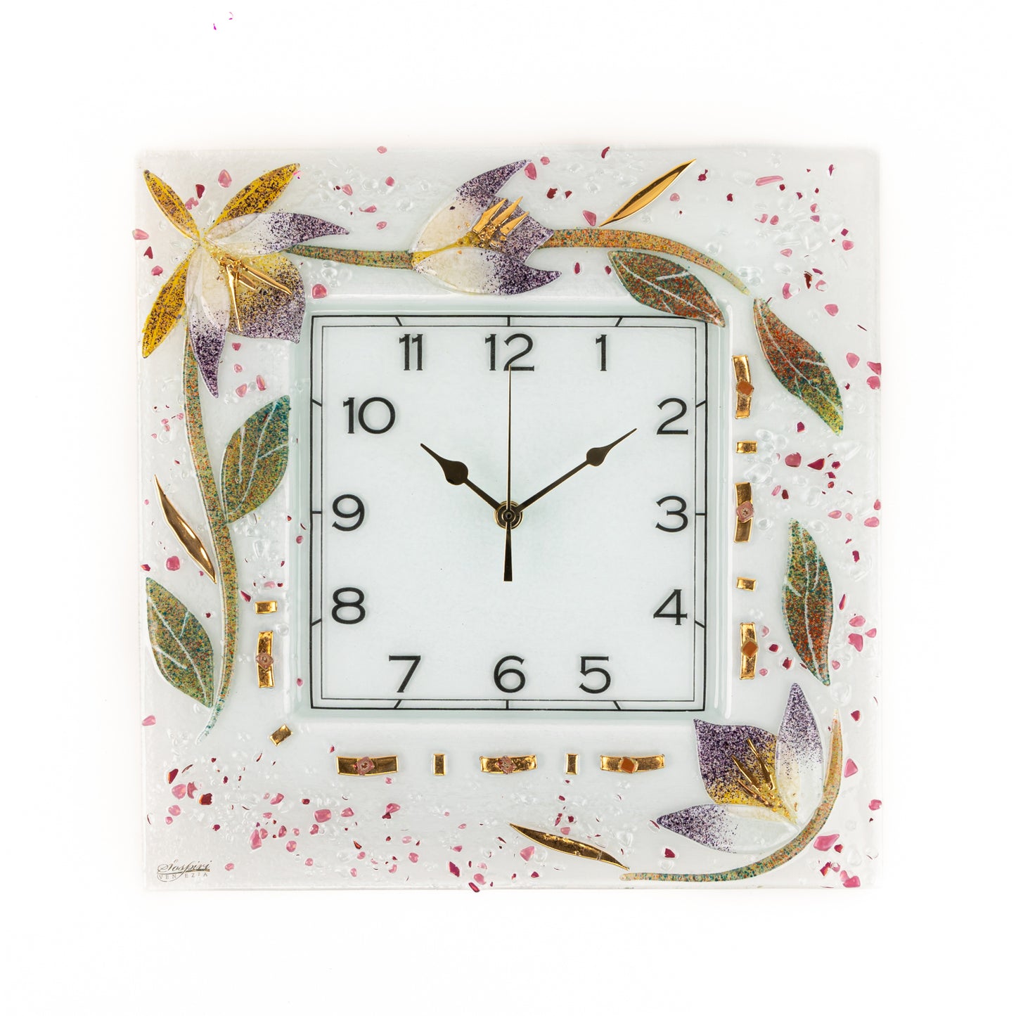 Orologio da parete in vetro di Murano, idea regalo bomboniera, decoro oro FLOREALE cm. 35