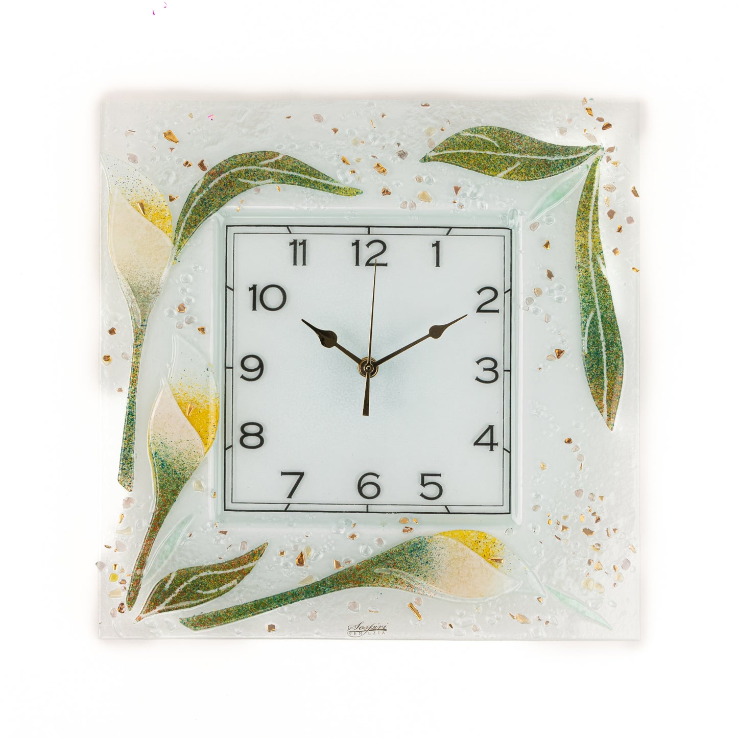 Orologio da parete in vetro di Murano, idea regalo bomboniera, decoro oro FLOREALE cm. 35