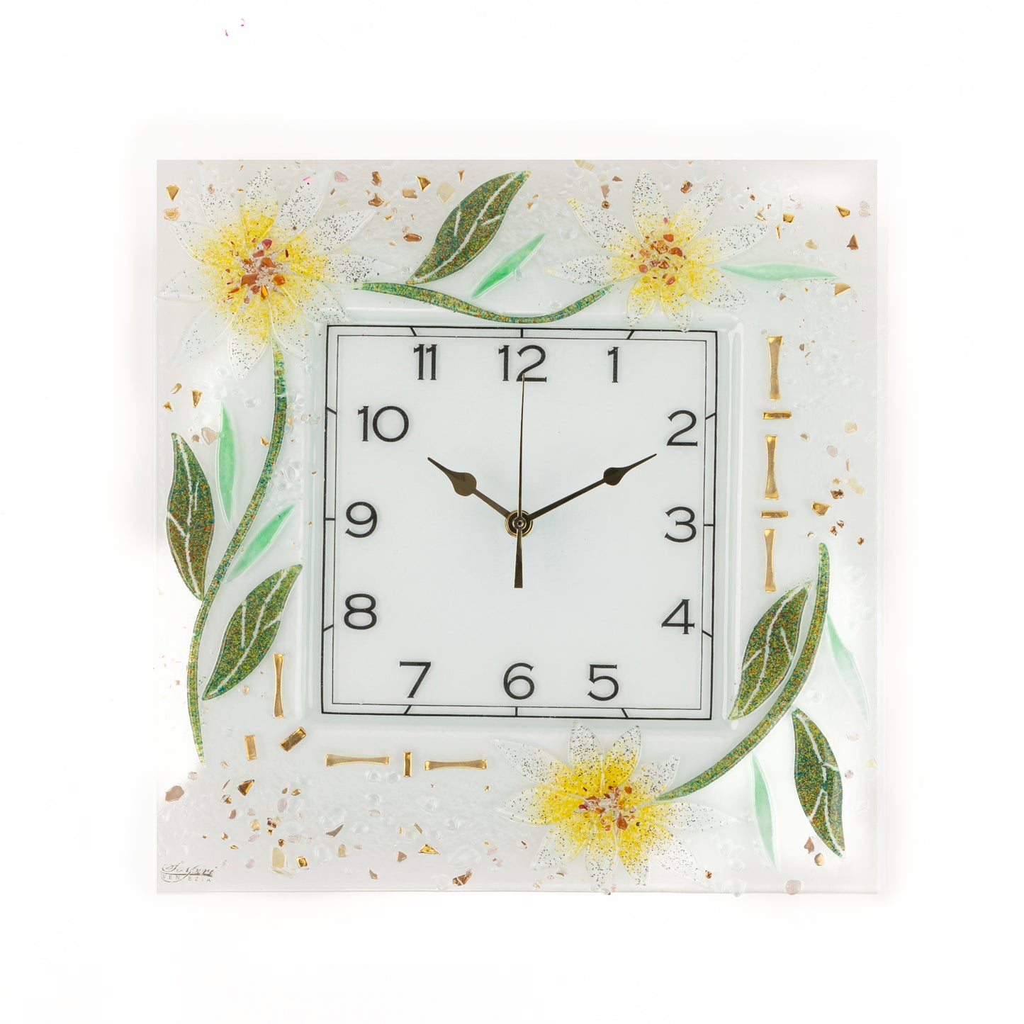 Orologio da parete in vetro di Murano, idea regalo bomboniera, decoro oro FLOREALE cm. 35
