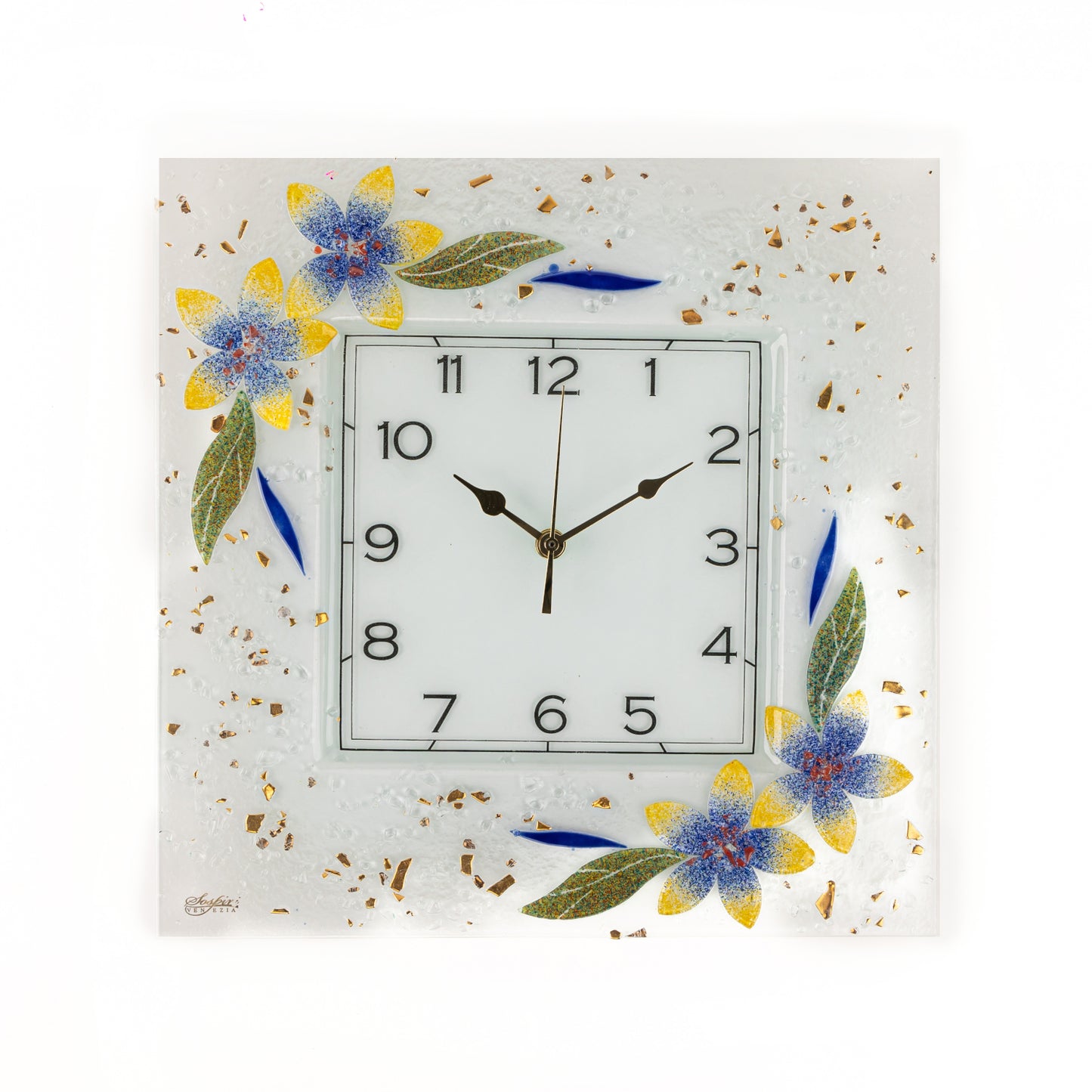 Orologio da parete in vetro di Murano, idea regalo bomboniera, decoro oro FLOREALE cm. 35
