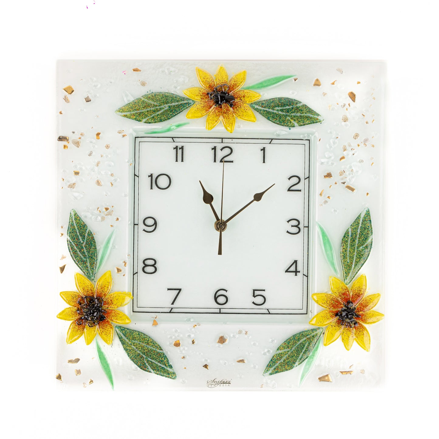 Orologio da parete in vetro di Murano, idea regalo bomboniera, decoro oro FLOREALE cm. 35