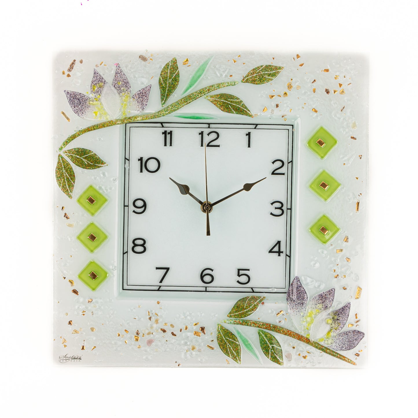 Orologio da parete in vetro di Murano, idea regalo bomboniera, decoro oro FLOREALE cm. 35