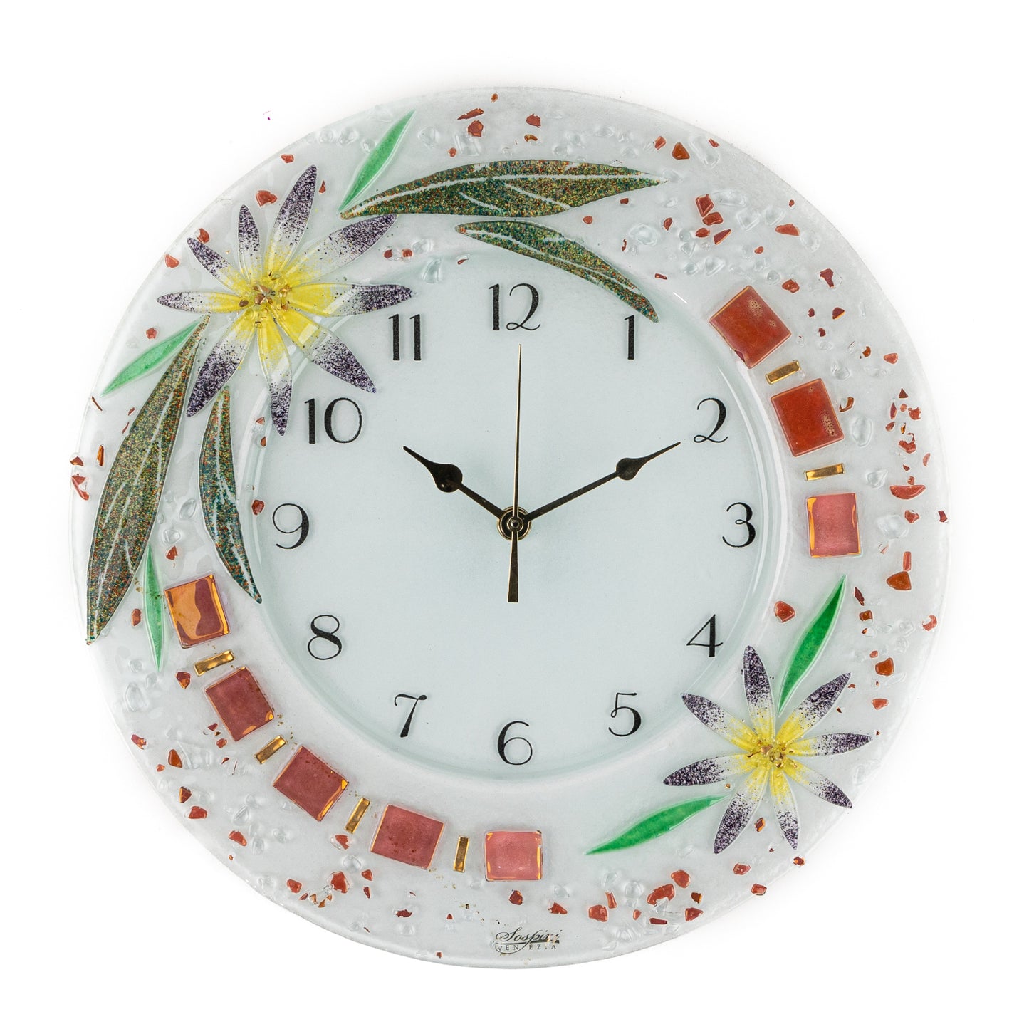 Orologio da parete in vetro di Murano, idea regalo bomboniera, decoro oro FLOREALE cm. 35