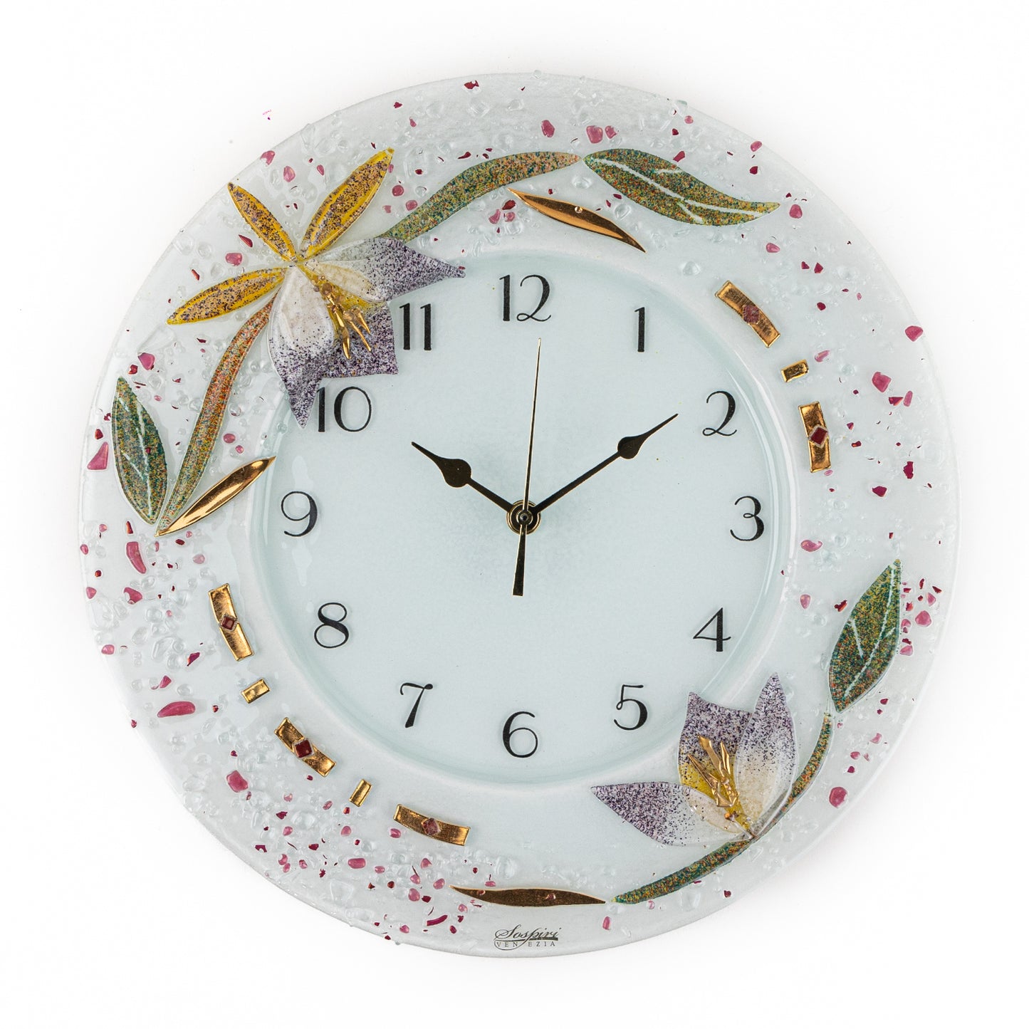 Orologio da parete in vetro di Murano, idea regalo bomboniera, decoro oro FLOREALE cm. 35
