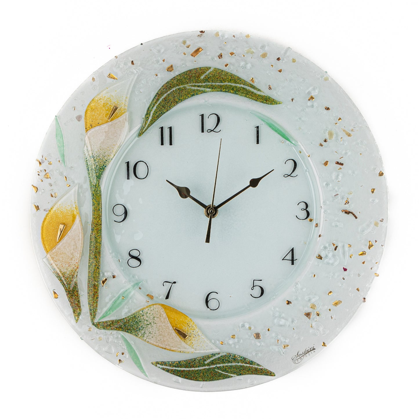 Orologio da parete in vetro di Murano, idea regalo bomboniera, decoro oro FLOREALE cm. 35