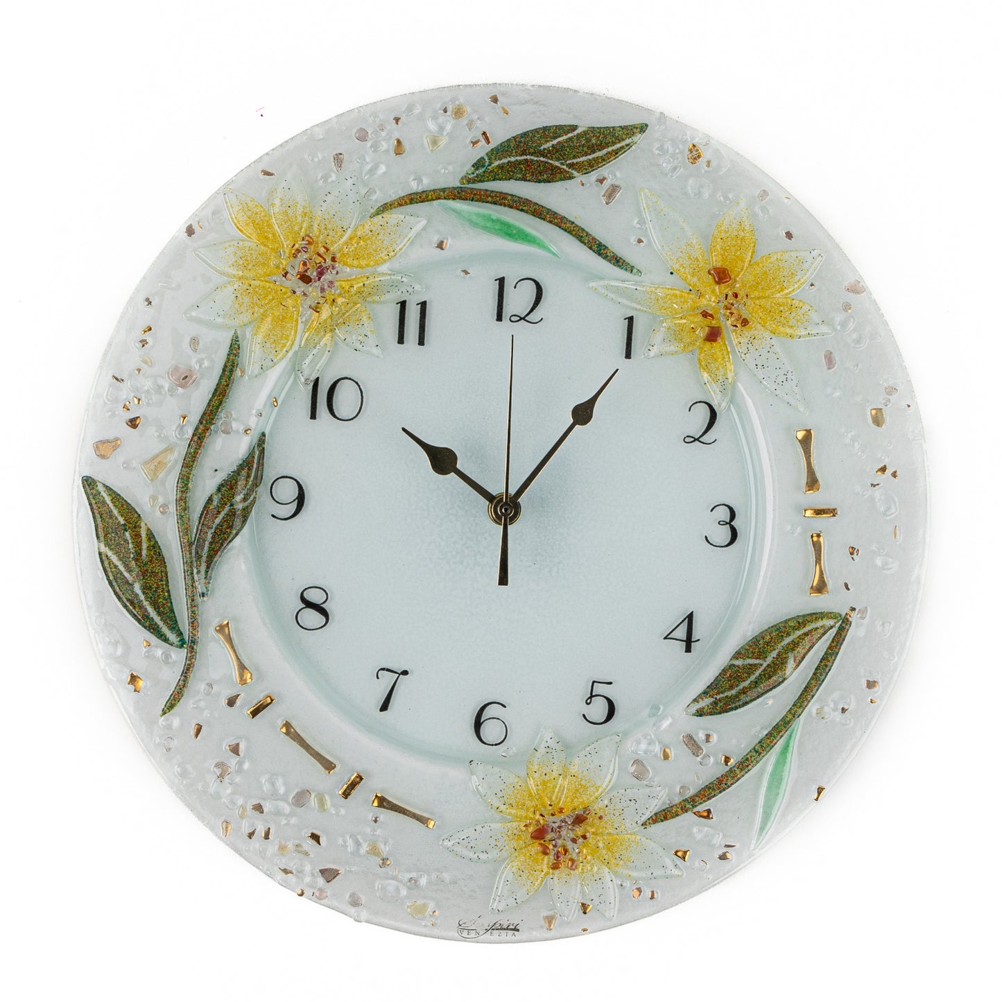 Orologio da parete in vetro di Murano, idea regalo bomboniera, decoro oro FLOREALE cm. 35