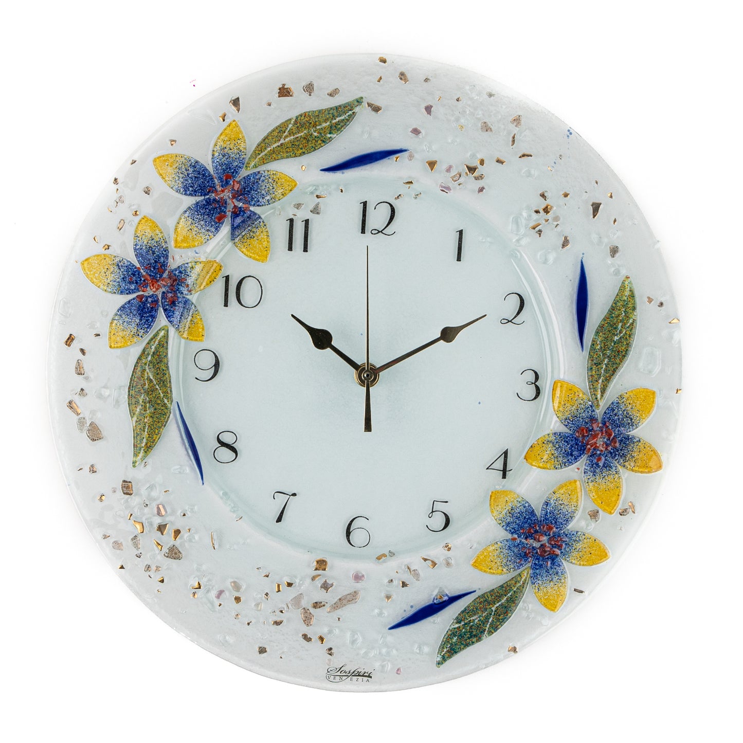 Orologio da parete in vetro di Murano, idea regalo bomboniera, decoro oro FLOREALE cm. 35