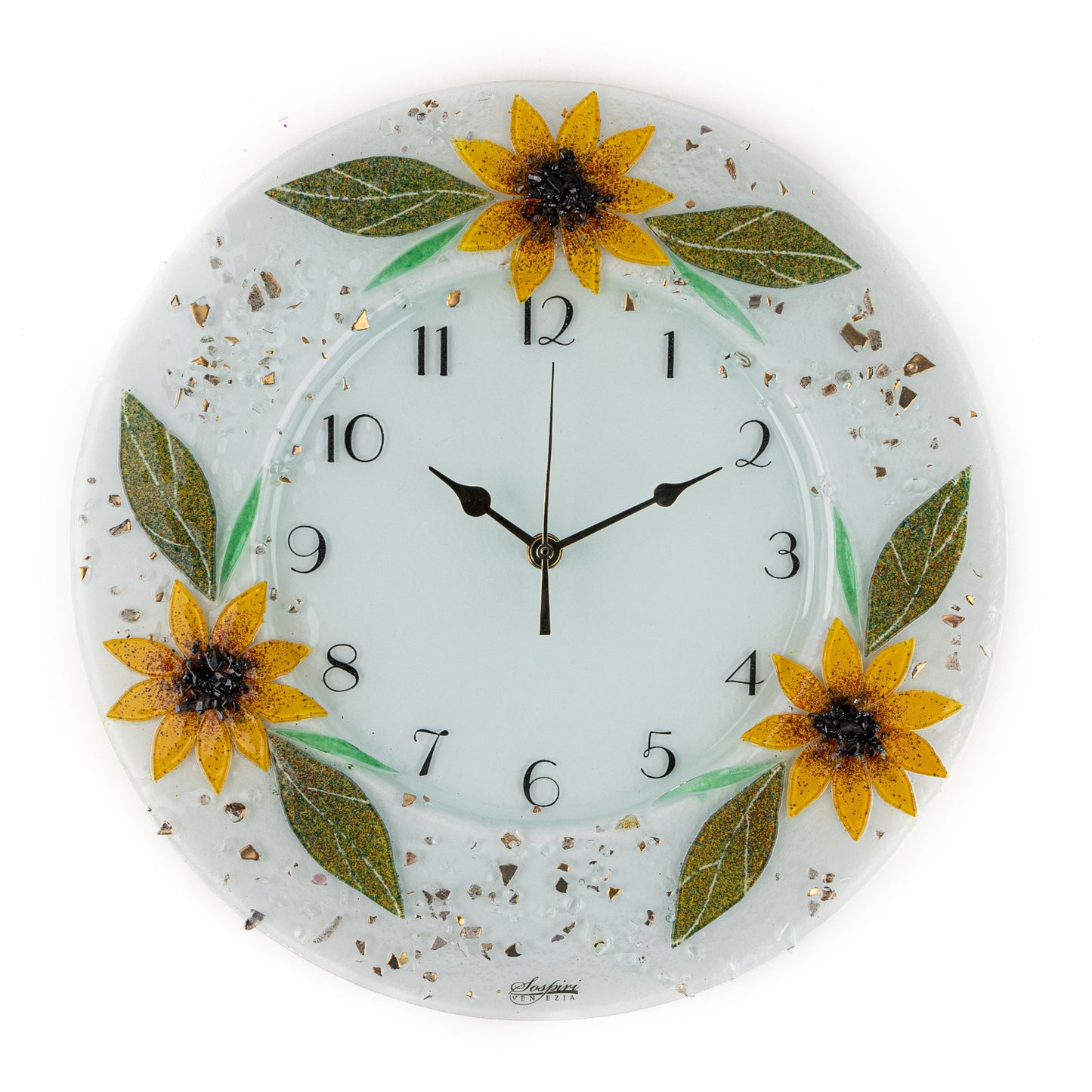 Orologio da parete in vetro di Murano, idea regalo bomboniera, decoro oro FLOREALE cm. 35
