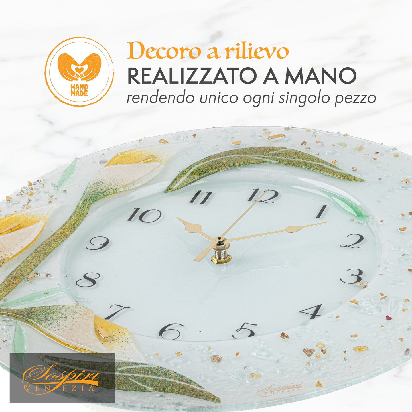 Orologio da parete in vetro di Murano, idea regalo bomboniera, decoro oro FLOREALE cm. 35