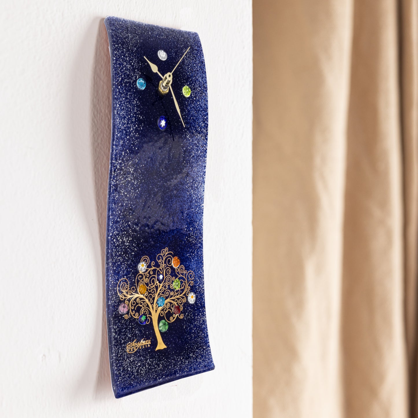 Orologio da parete rettangolare ondulato, in vetro di Murano, idea regalo bomboniera, decoro oro ALBERO DELLA VITA