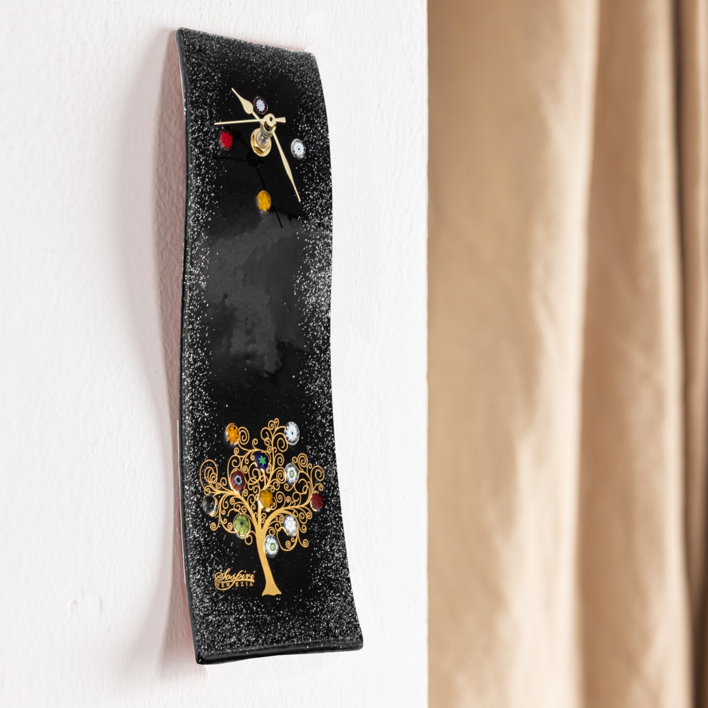 Orologio da parete rettangolare ondulato, in vetro di Murano, idea regalo bomboniera, decoro oro ALBERO DELLA VITA