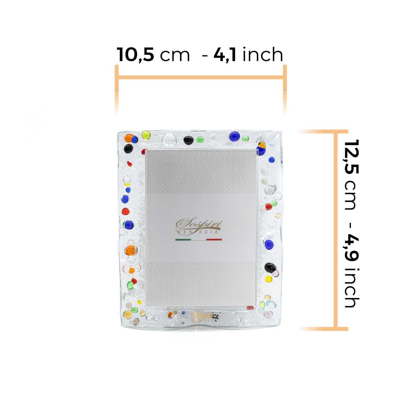 portafoto-rettangolare-piccolo-vetro-murano-murrine-decoro-gocce-veneziane-idea-regalo-cerimonia-bomboniera-sospiri-venezia-dimensioni