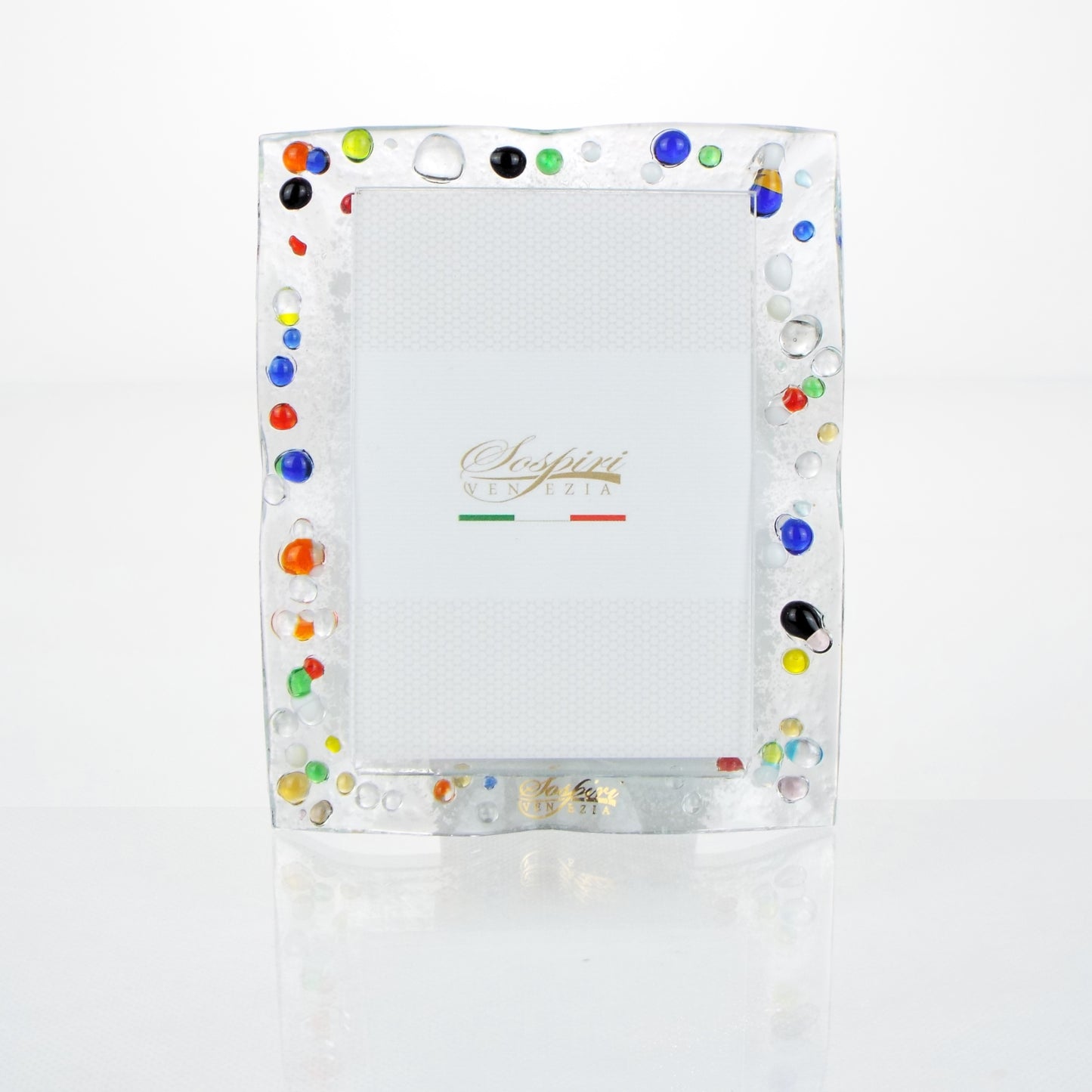 portafoto-rettangolare-piccolo-vetro-murano-murrine-decoro-gocce-veneziane-idea-regalo-cerimonia-bomboniera-sospiri-venezia
