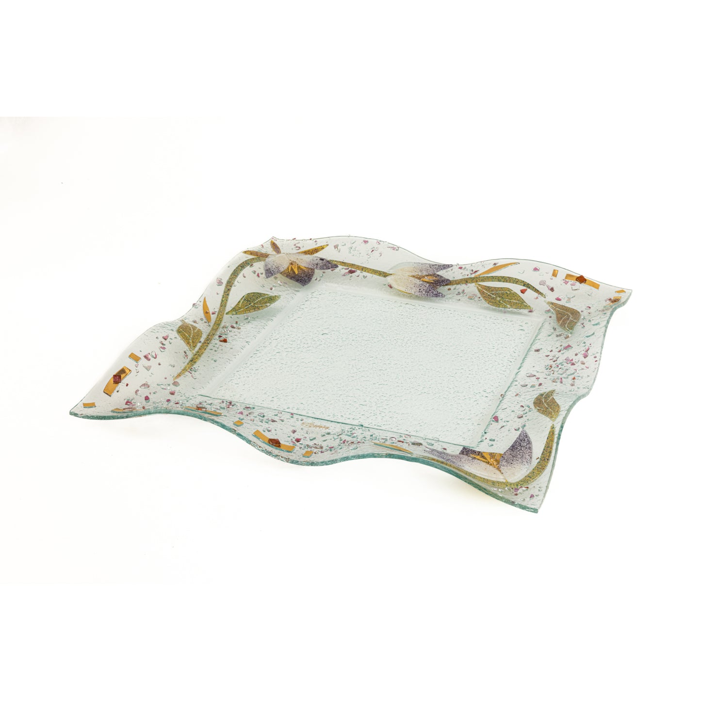 Vassoio decorativo quadrato in vetro di Murano, idea regalo bomboniera, decoro oro FLOREALE cm. 37