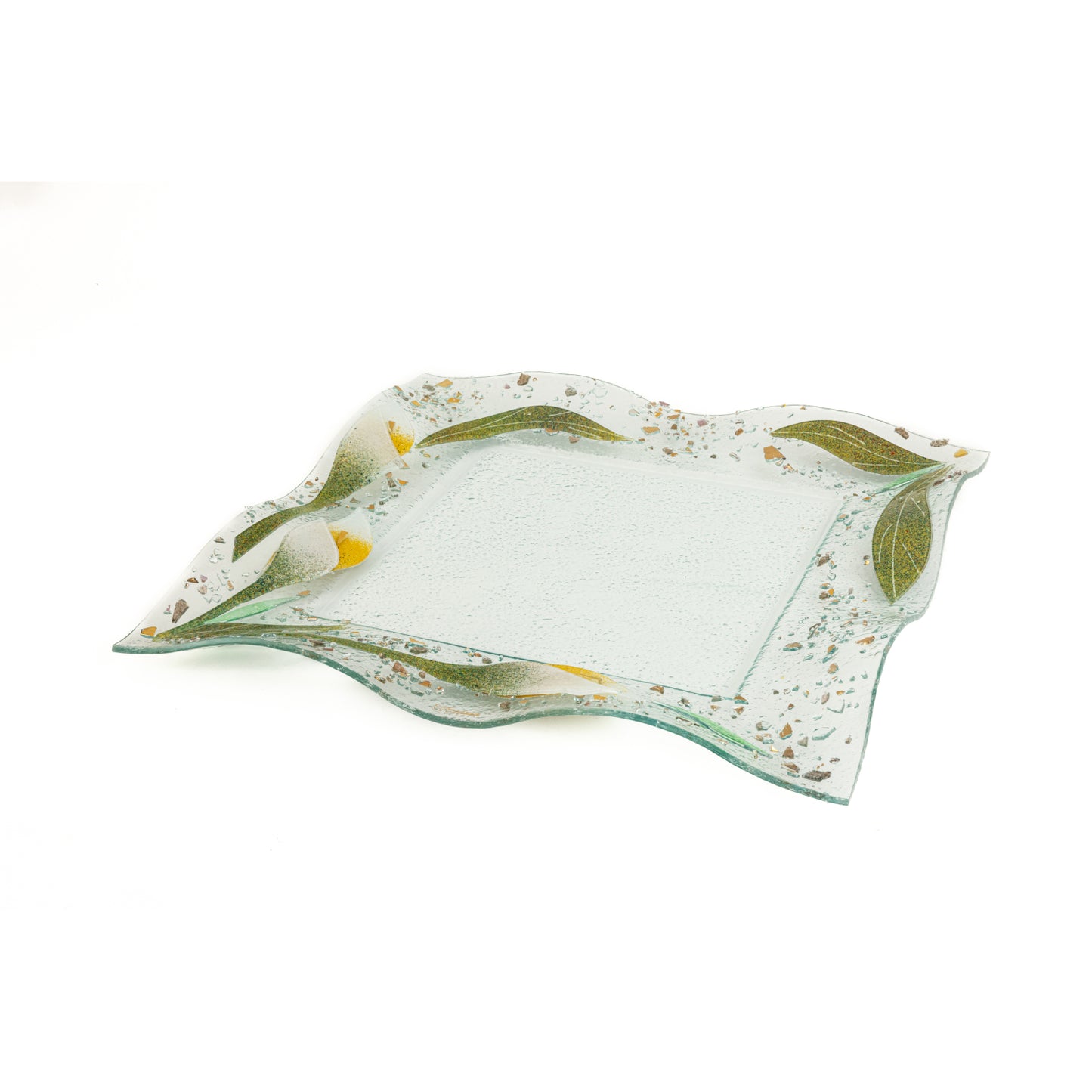 Vassoio decorativo quadrato in vetro di Murano, idea regalo bomboniera, decoro oro FLOREALE cm. 37