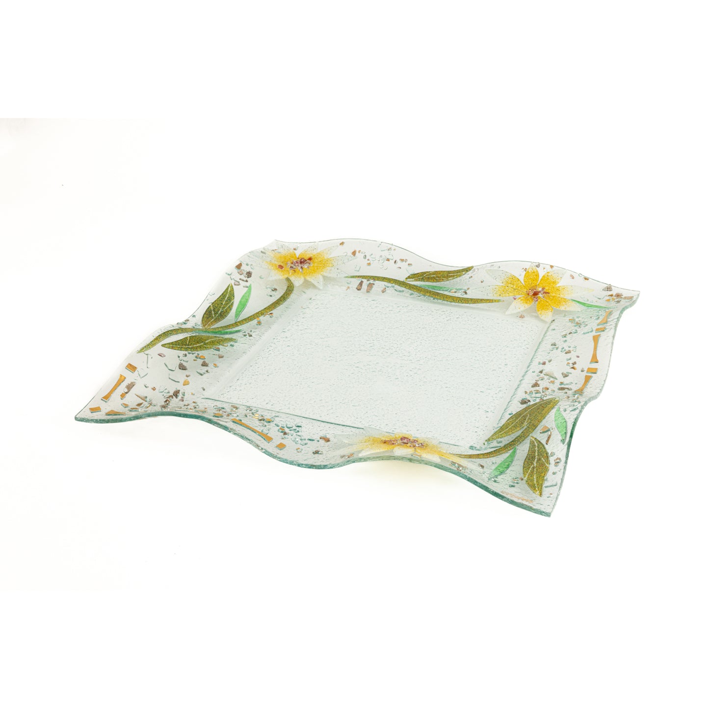 Vassoio decorativo quadrato in vetro di Murano, idea regalo bomboniera, decoro oro FLOREALE cm. 37
