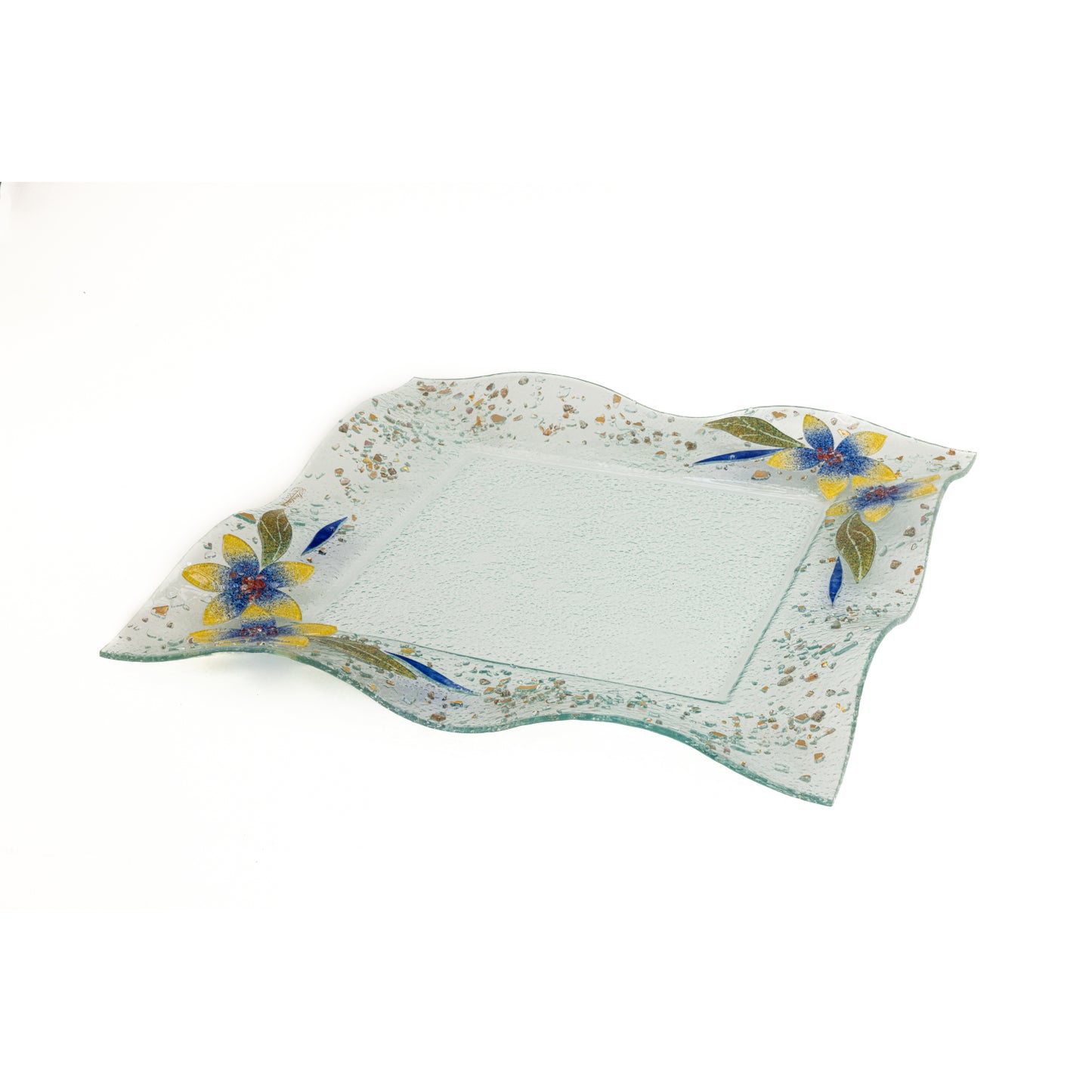 Vassoio decorativo quadrato in vetro di Murano, idea regalo bomboniera, decoro oro FLOREALE cm. 37