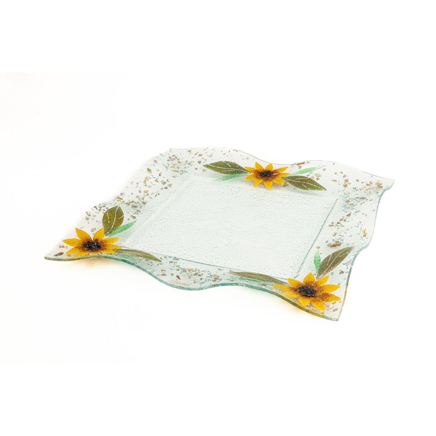 Vassoio decorativo quadrato in vetro di Murano, idea regalo bomboniera, decoro oro FLOREALE cm. 37