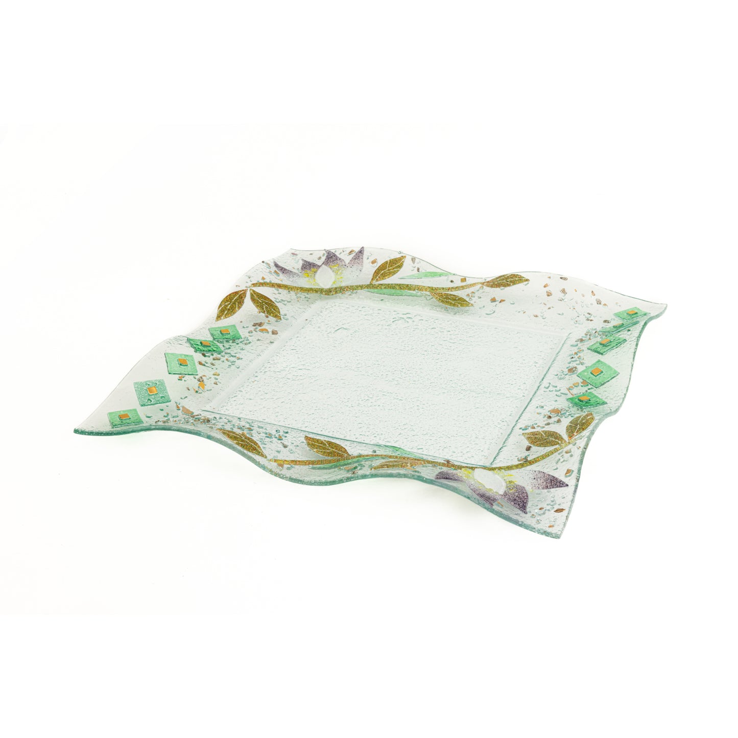 Vassoio decorativo quadrato in vetro di Murano, idea regalo bomboniera, decoro oro FLOREALE cm. 37