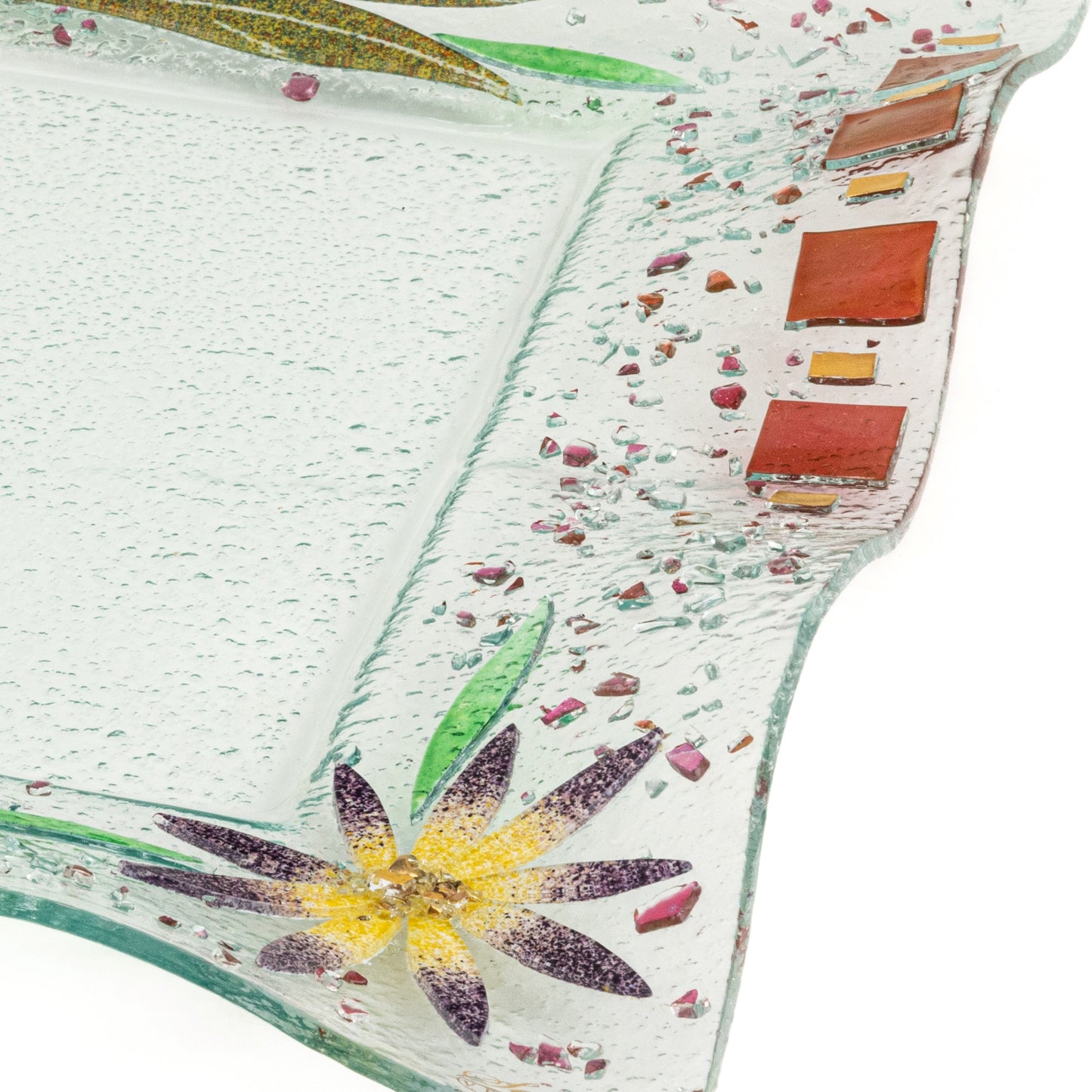 Vassoio decorativo quadrato in vetro di Murano, idea regalo bomboniera, decoro oro FLOREALE cm. 37