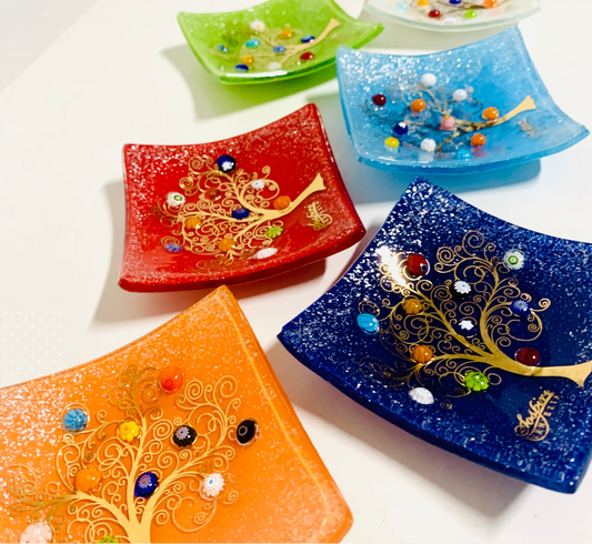 Piatto quadrato in Vetro di Murano, idea regalo bomboniera, decoro oro ALBERO DELLA VITA e Murrine di Murano