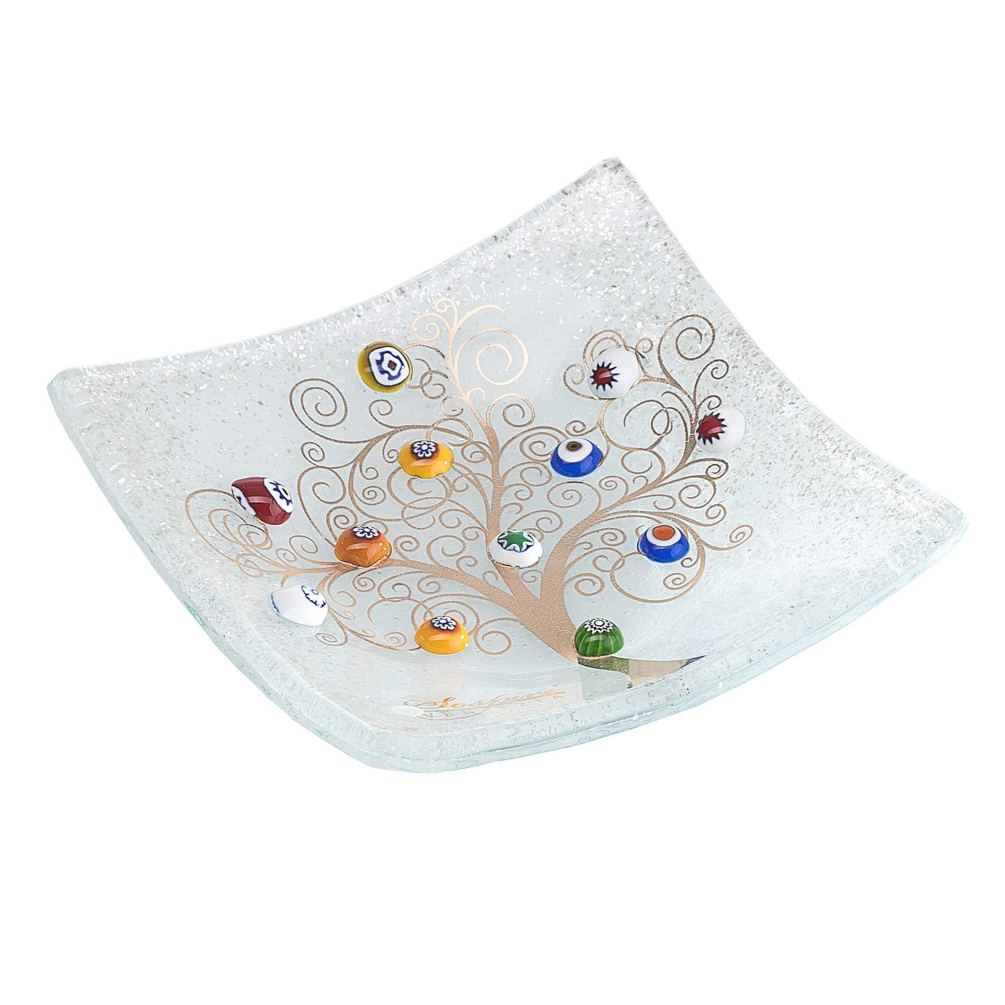 Piatto quadrato in Vetro di Murano, idea regalo bomboniera, decoro oro ALBERO DELLA VITA e Murrine di Murano