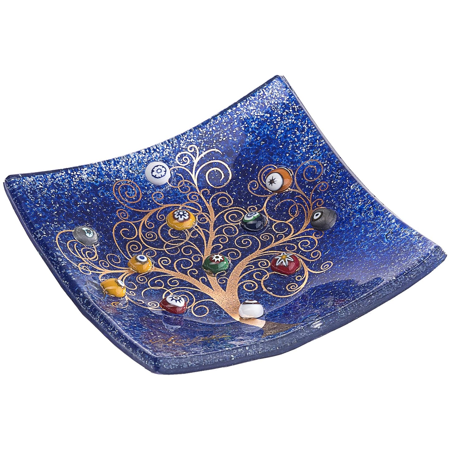 Piatto quadrato in Vetro di Murano, idea regalo bomboniera, decoro oro ALBERO DELLA VITA e Murrine di Murano