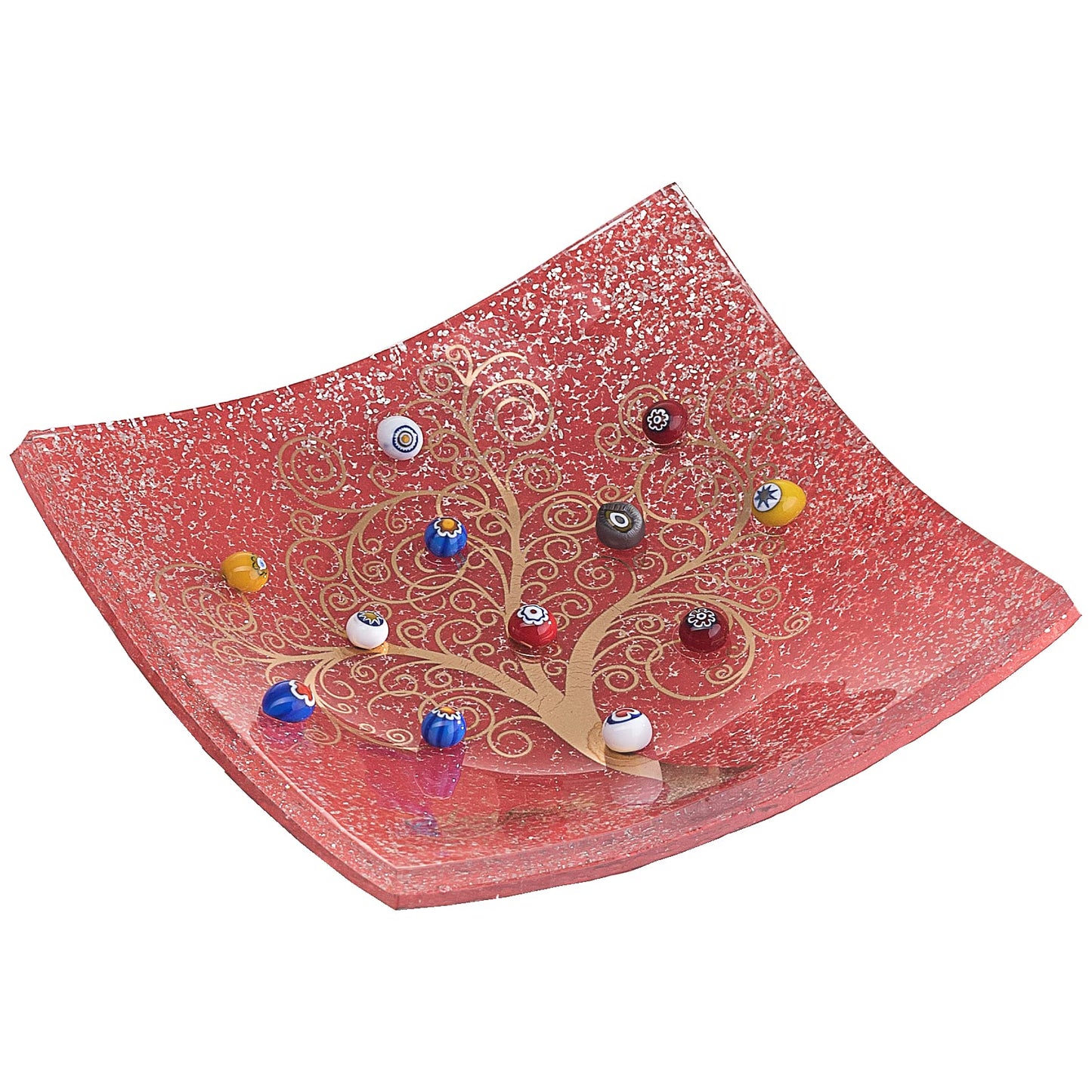 Piatto quadrato in Vetro di Murano, idea regalo bomboniera, decoro oro ALBERO DELLA VITA e Murrine di Murano