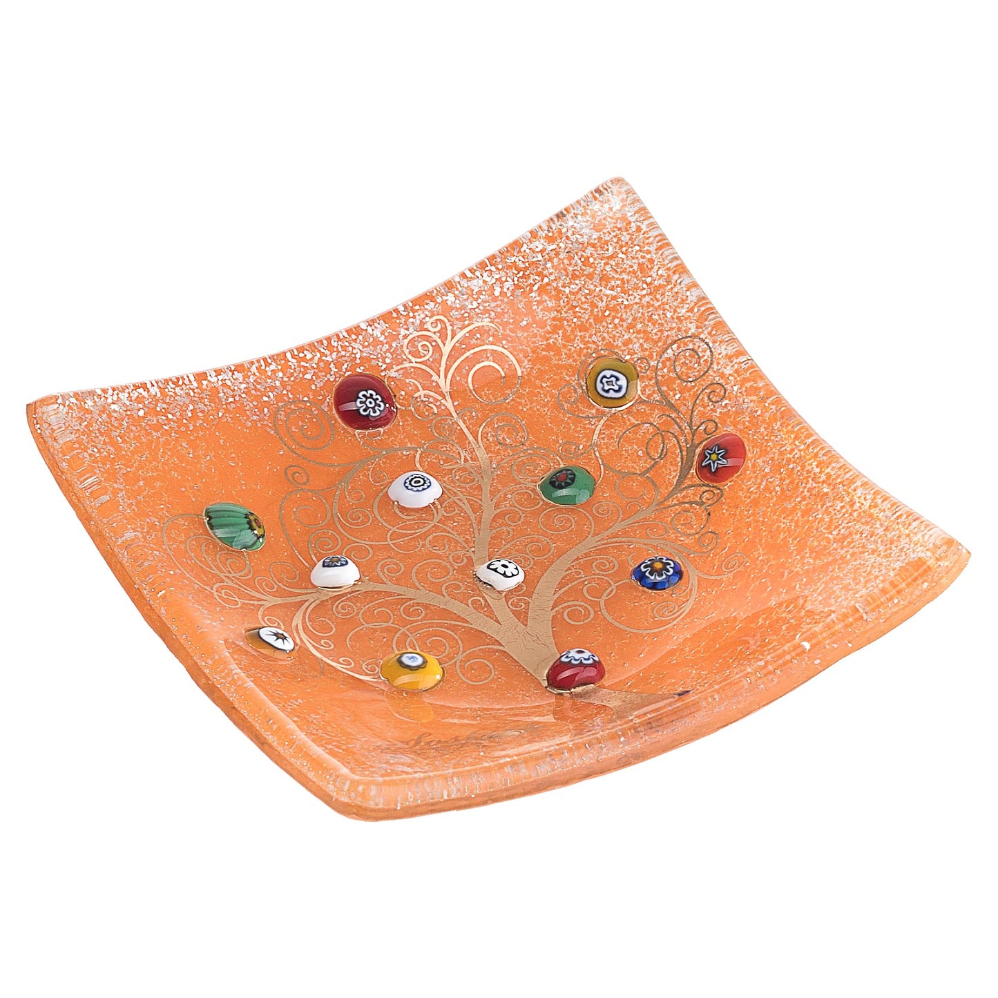 Piatto quadrato in Vetro di Murano, idea regalo bomboniera, decoro oro ALBERO DELLA VITA e Murrine di Murano