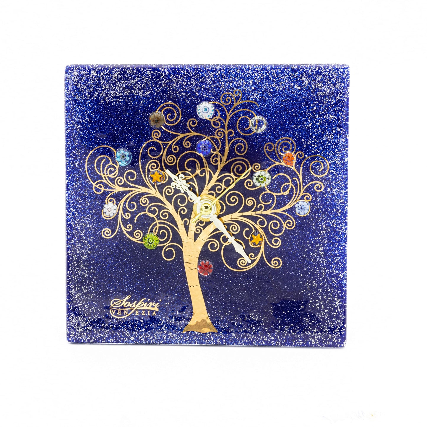 Orologio da parete quadrato in vetro di Murano, idea regalo bomboniera, decoro oro ALBERO DELLA VITA