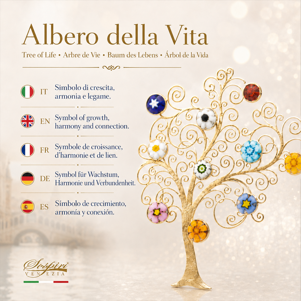 Piatto quadrato in Vetro di Murano, idea regalo bomboniera, decoro oro ALBERO DELLA VITA e Murrine di Murano
