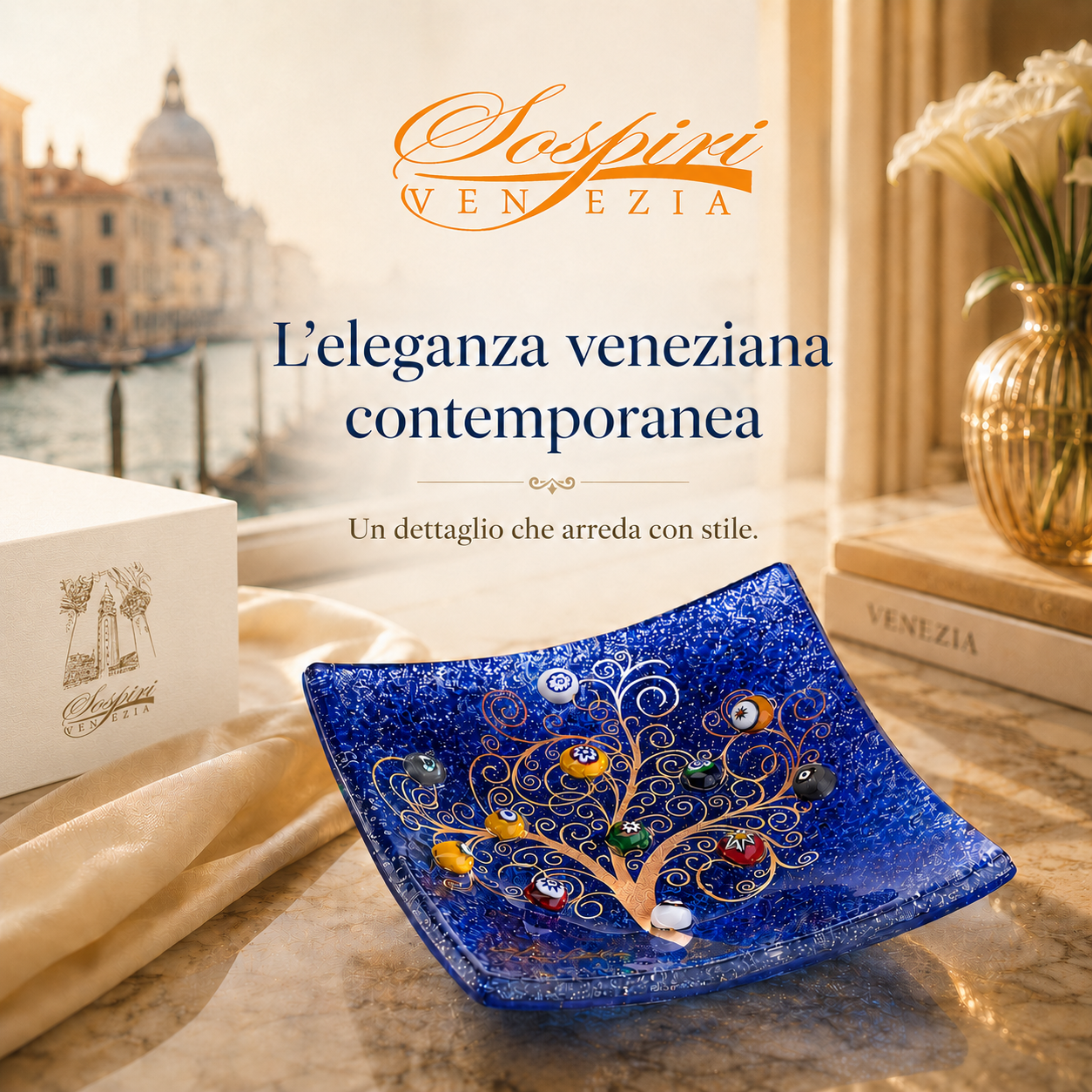 Piatto quadrato in Vetro di Murano, idea regalo bomboniera, decoro oro ALBERO DELLA VITA e Murrine di Murano