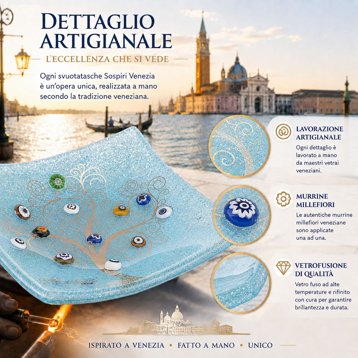Piatto quadrato in Vetro di Murano, idea regalo bomboniera, decoro oro ALBERO DELLA VITA e Murrine di Murano