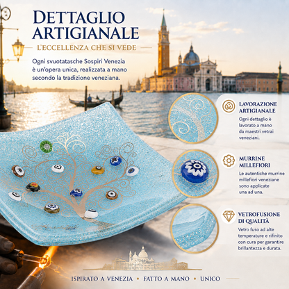 Piatto quadrato in Vetro di Murano, idea regalo bomboniera, decoro oro ALBERO DELLA VITA e Murrine di Murano