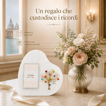 Portafoto Cuore da tavolo in vetro di Murano, idea regalo bomboniera, decoro oro ALBERO DELLA VITA