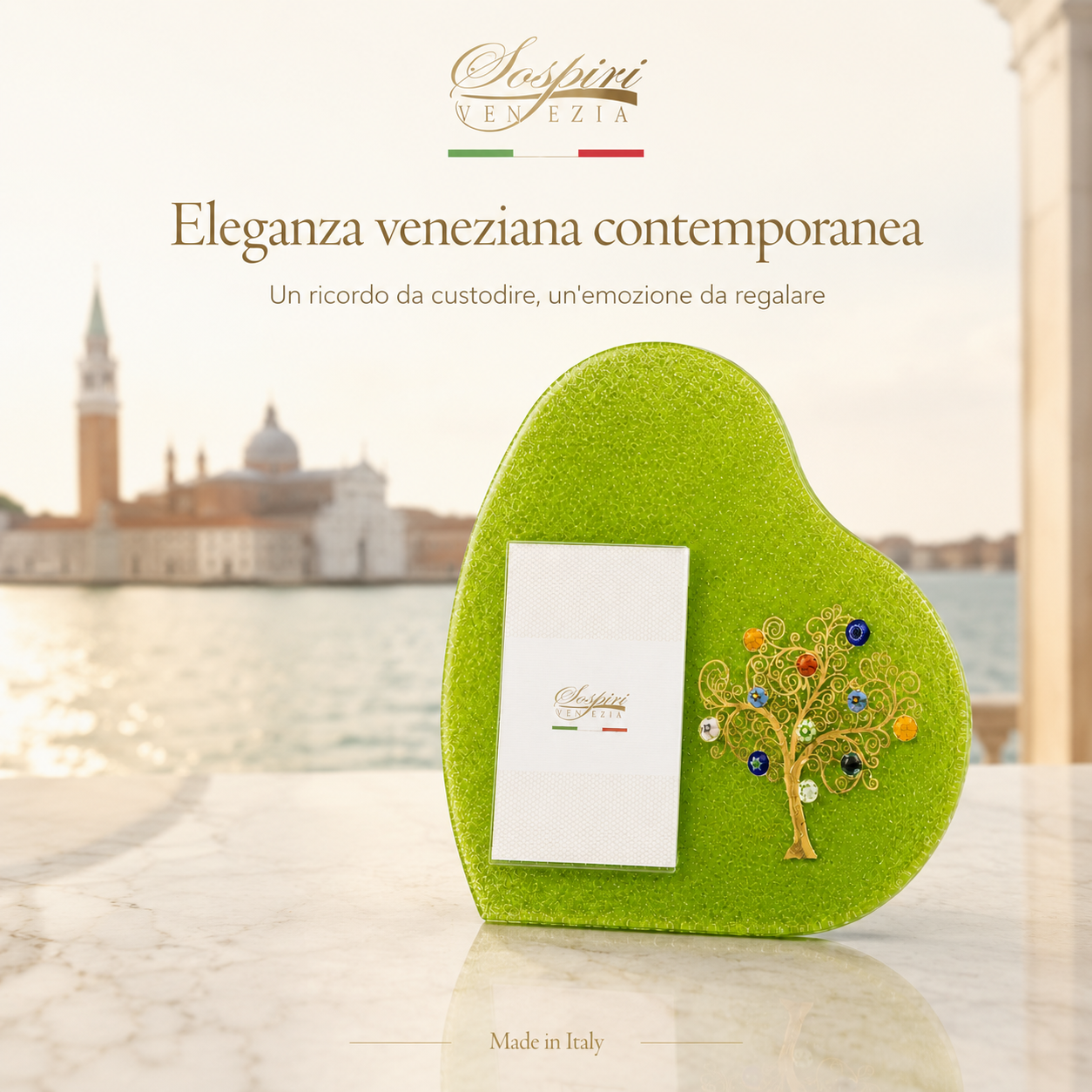 Portafoto Cuore da tavolo in vetro di Murano, idea regalo bomboniera, decoro oro ALBERO DELLA VITA