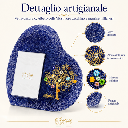 Portafoto Cuore da tavolo in vetro di Murano, idea regalo bomboniera, decoro oro ALBERO DELLA VITA