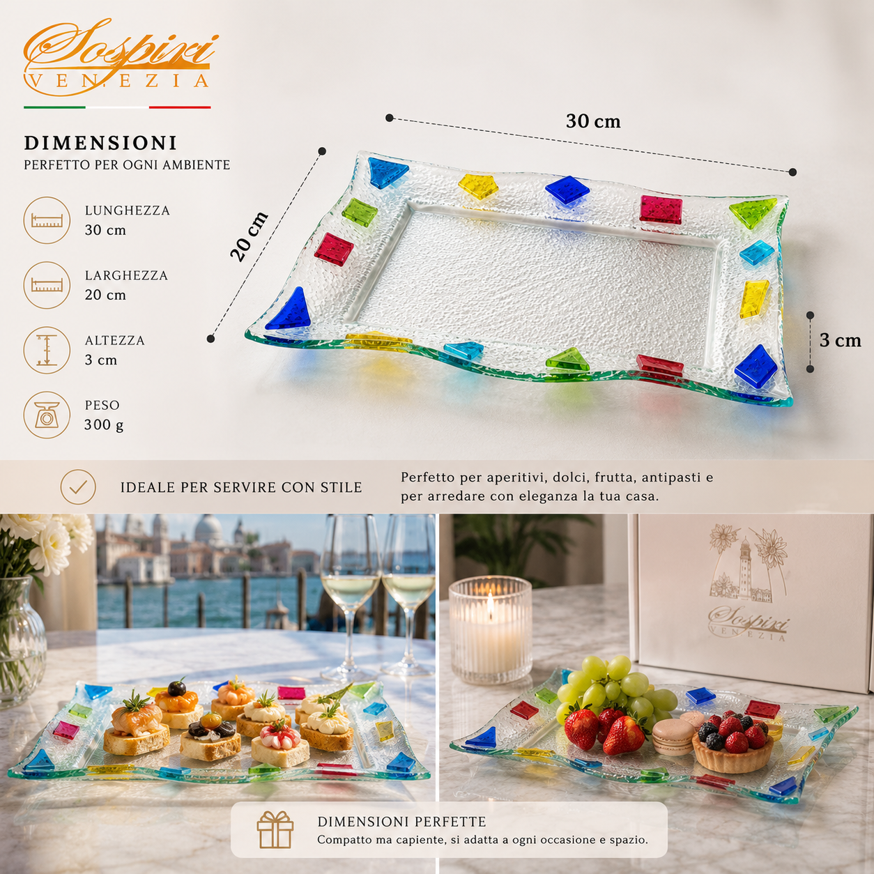 Vassoio Decorativo  Centrotavola Moderno Design Veneziano, Idea Regalo 30x20x3 cm
