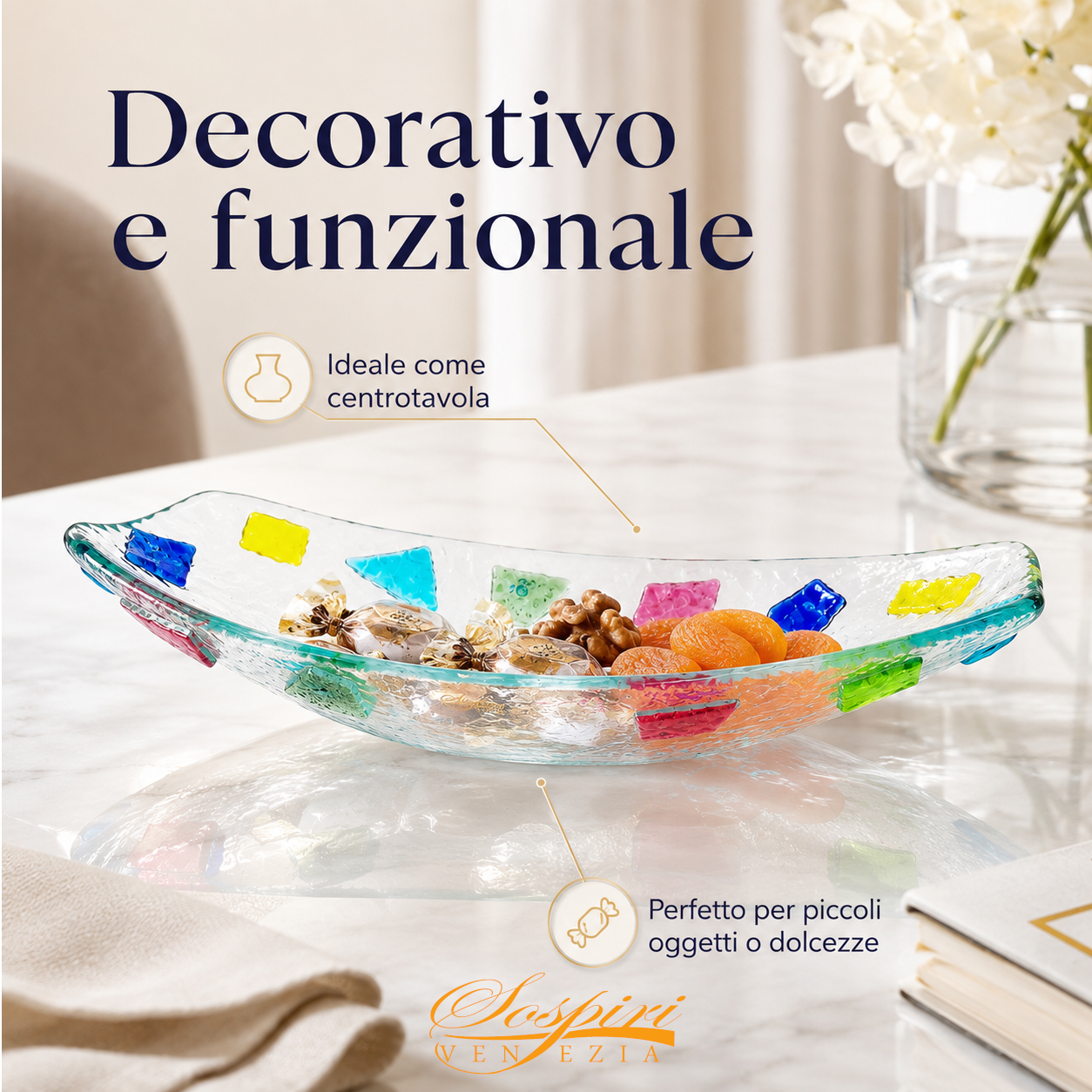 Coppa Decorativa in Vetro - Vassoio Elegante Design Veneziano, Idea Regalo Raffinata 24x11x5 cm