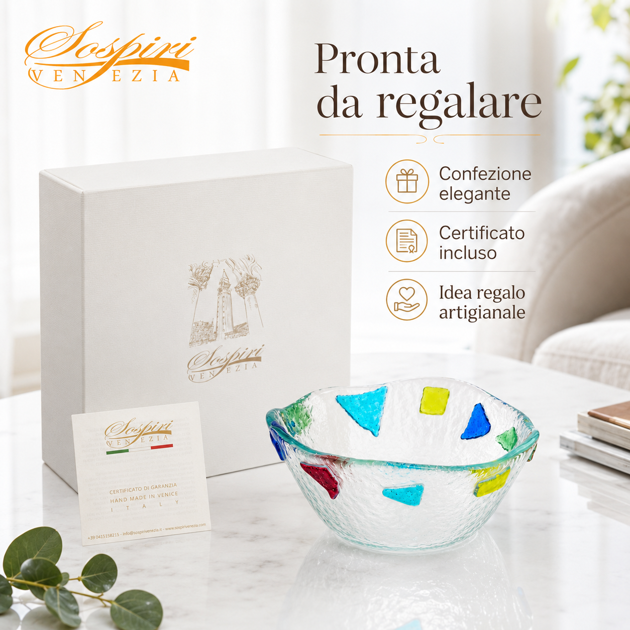 Ciotola Decorativa in Vetro Artistico per Arredo Casa e Tavola - 11x11x5 cm