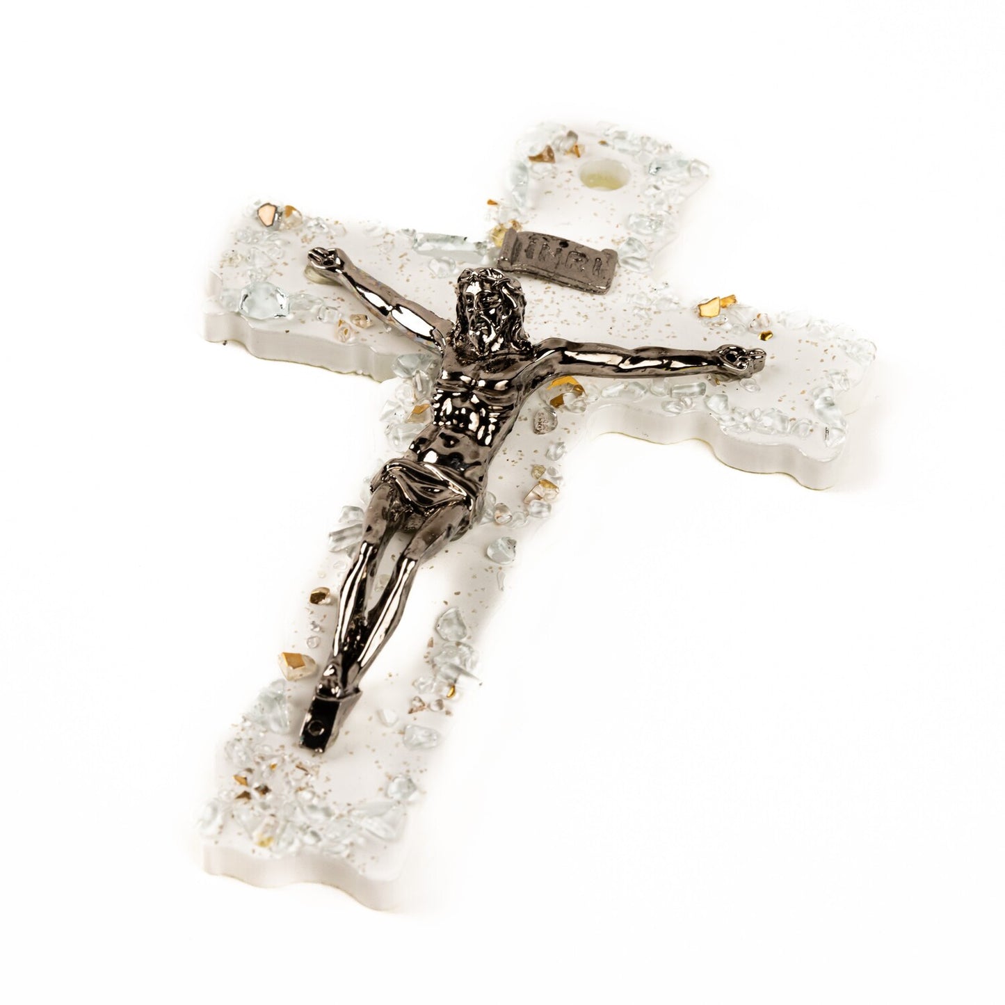 Crocifisso in Vetro di Murano Decorato Croce Religiosa da Parete, Stile Bianco